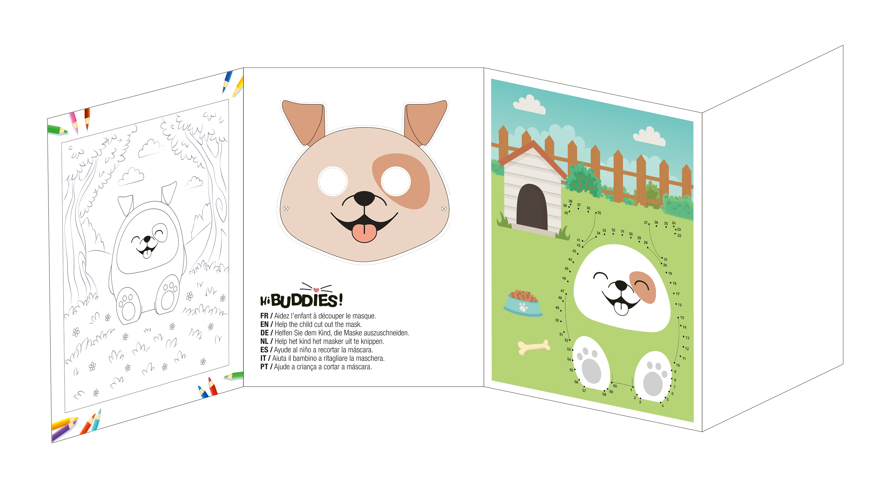 Une carte pliée avec un masque de chien, des pages à colorier et des instructions.