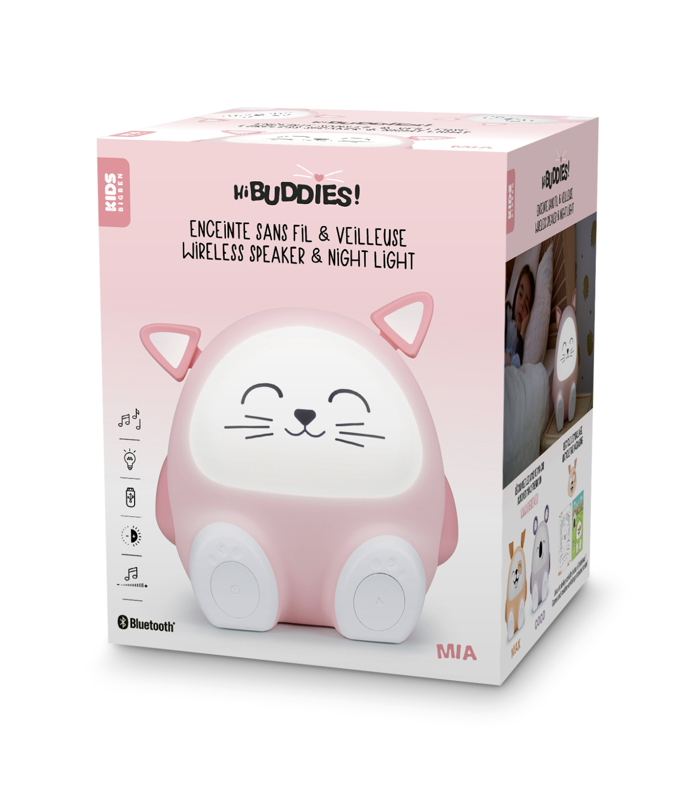 Rosa Katzen-Nachtlicht und Lautsprecher in Box mit Produktbild und Katze.