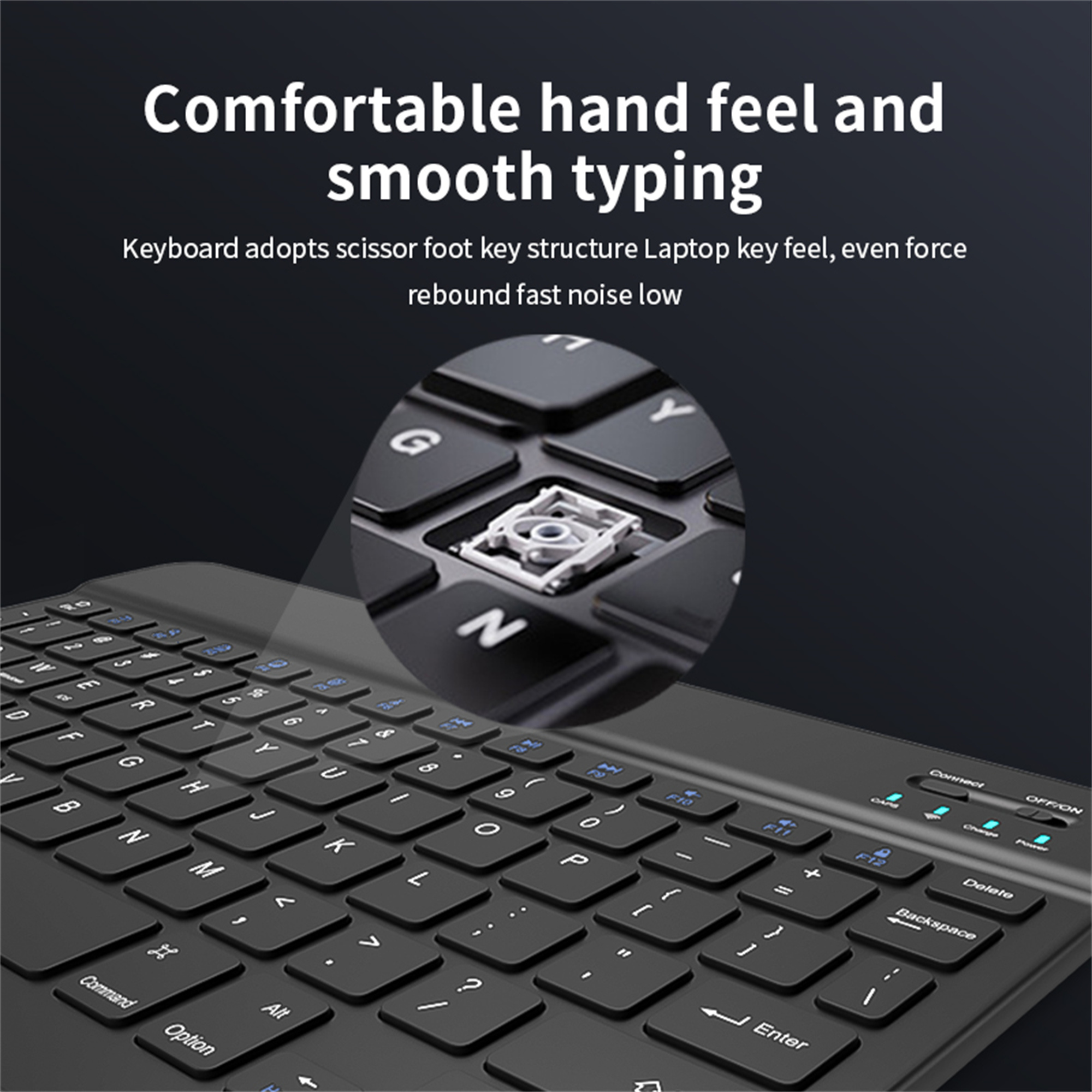 Nahaufnahme einer schwarzen Tastatur mit Tasten, einer hervorgehobenen Taste und Text zur Tippqualität.
