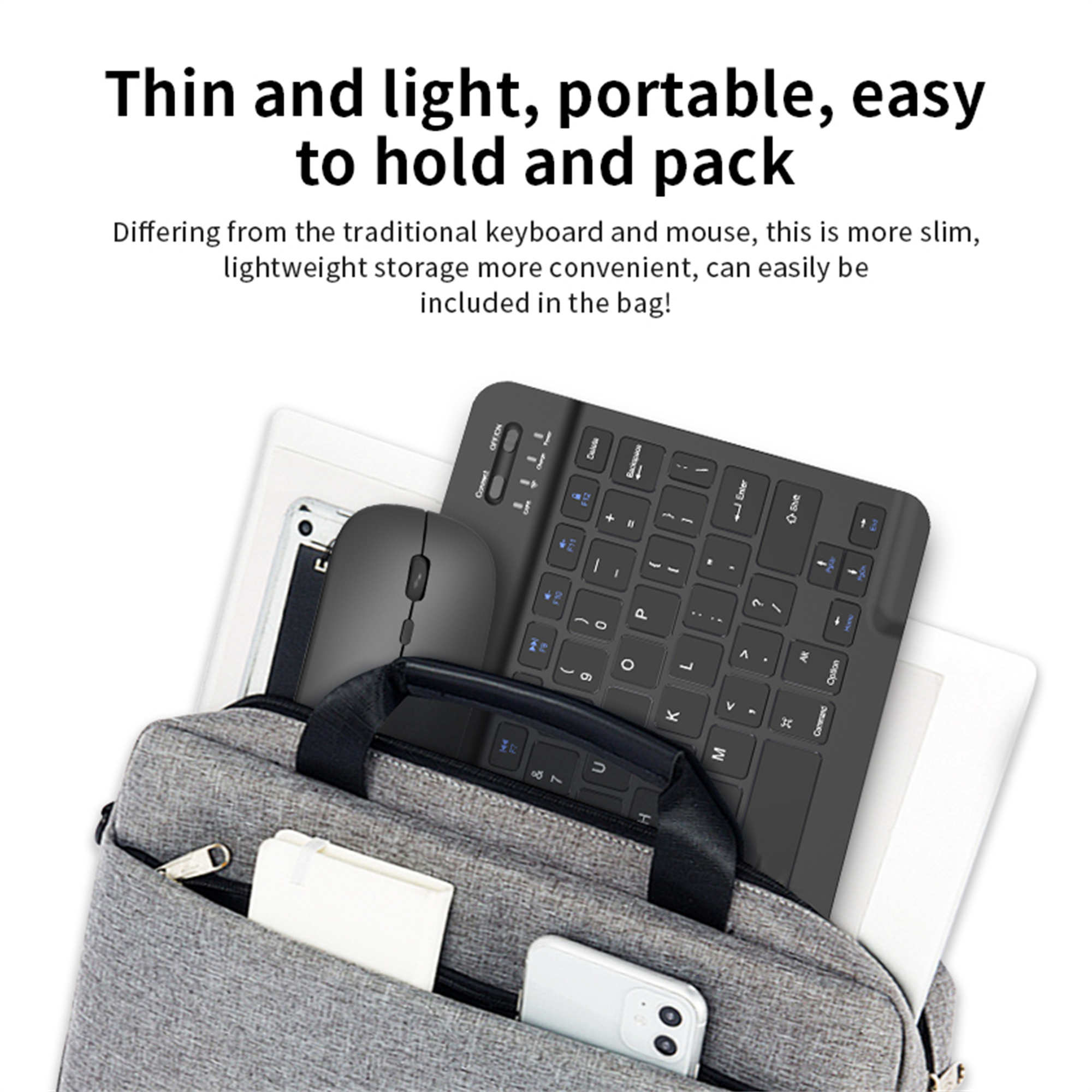 Eine schlanke Tastatur und eine Maus in einer grauen Tasche. Ein Tablet ist auch sichtbar.