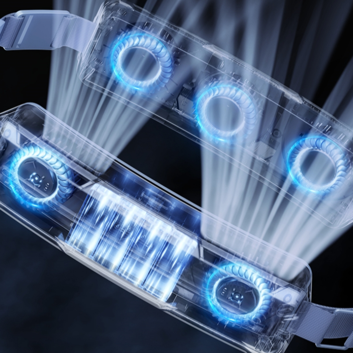 Transparente VR-Brille mit Lüftern und Belüftungsöffnungen. Blaue Lichter innen sichtbar.