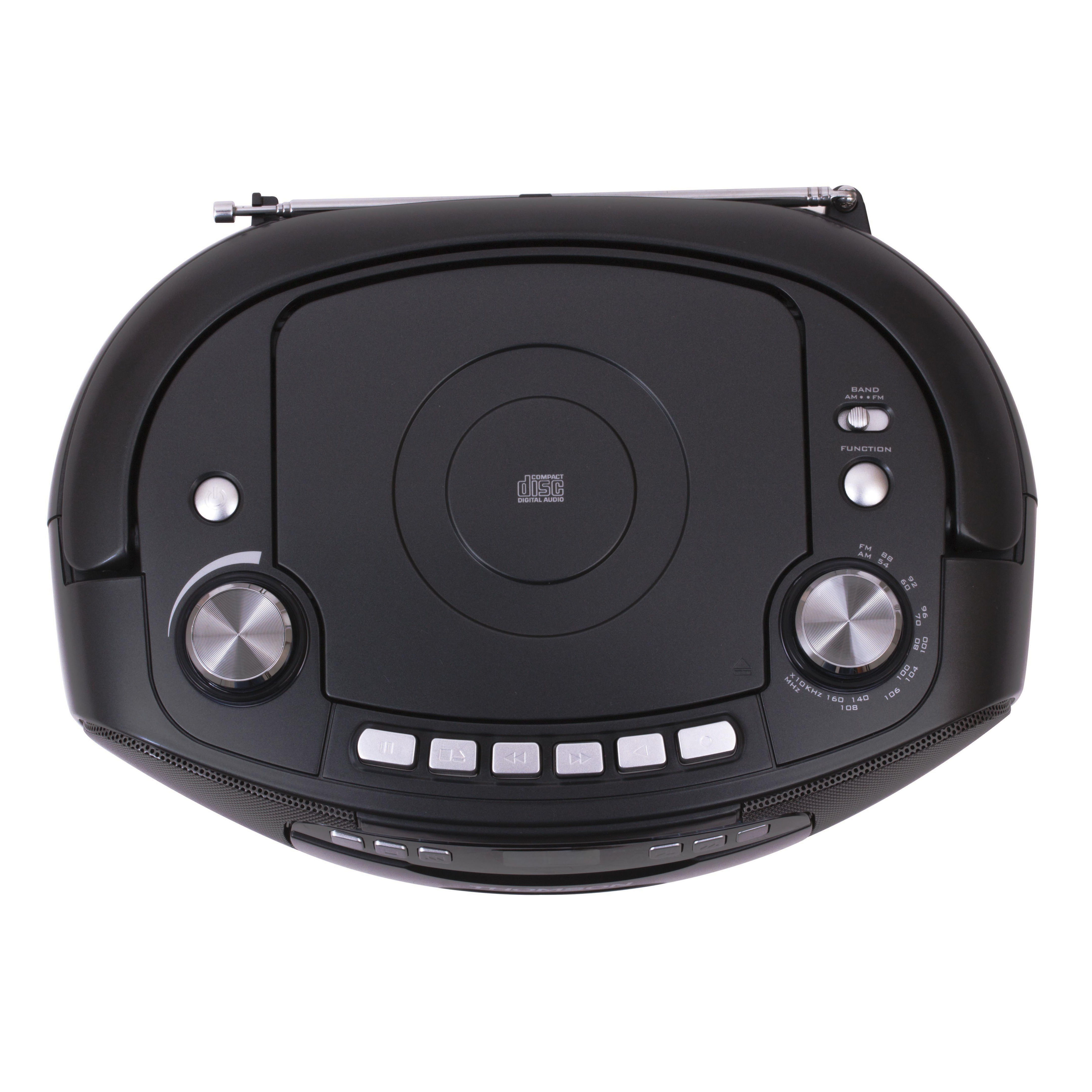 Czarny zestaw stereo z odtwarzaczem CD, pokrętłami radia i przyciskami. Widok z góry. Białe tło.