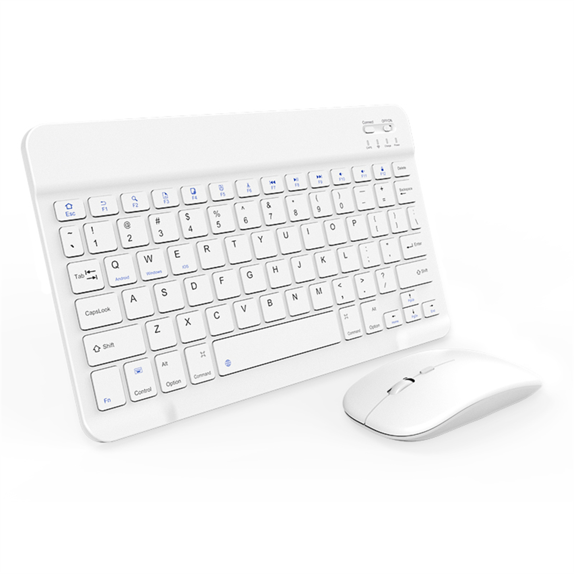 Weißes Tastatur- und Maus-Set. Schwarze Tasten. Weißer Hintergrund.