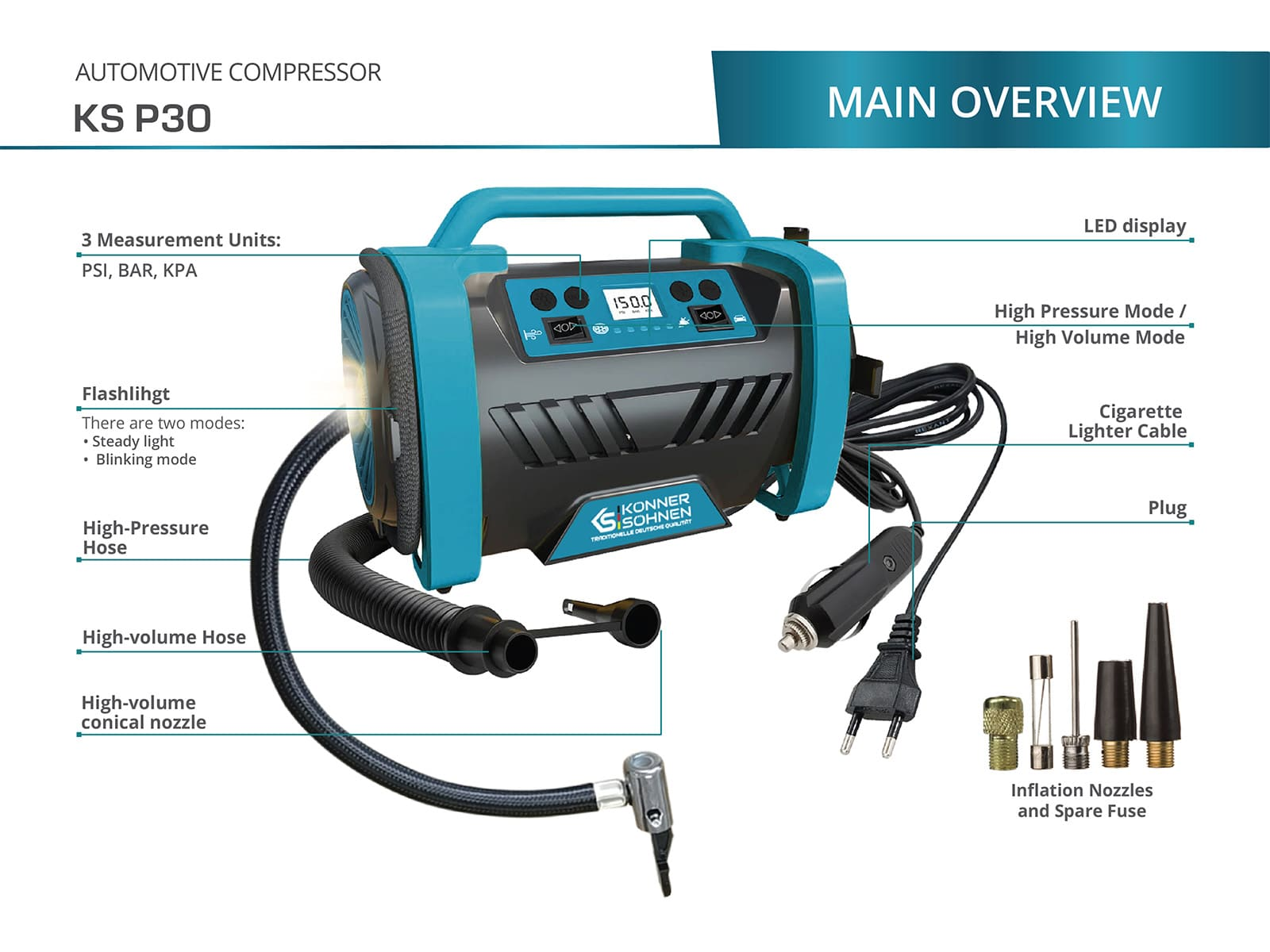 Automotive compressor with multiple hoses, nozzles, and a cable for power.