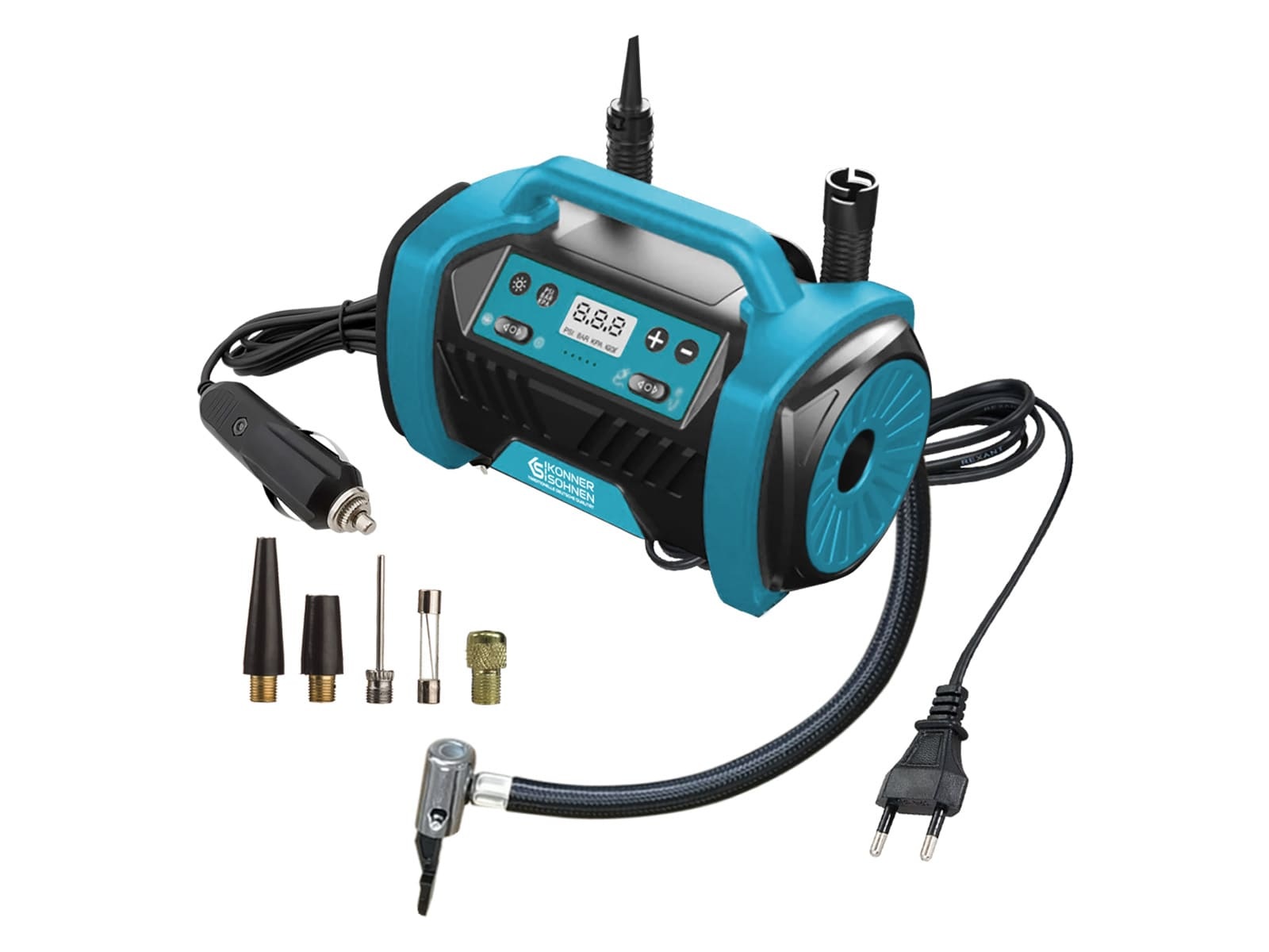 A turquoise and black portable air compressor with multiple accessories.