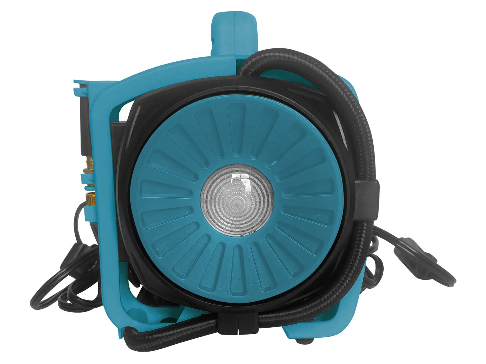 Teal and black air compressor, top view, isolated.
