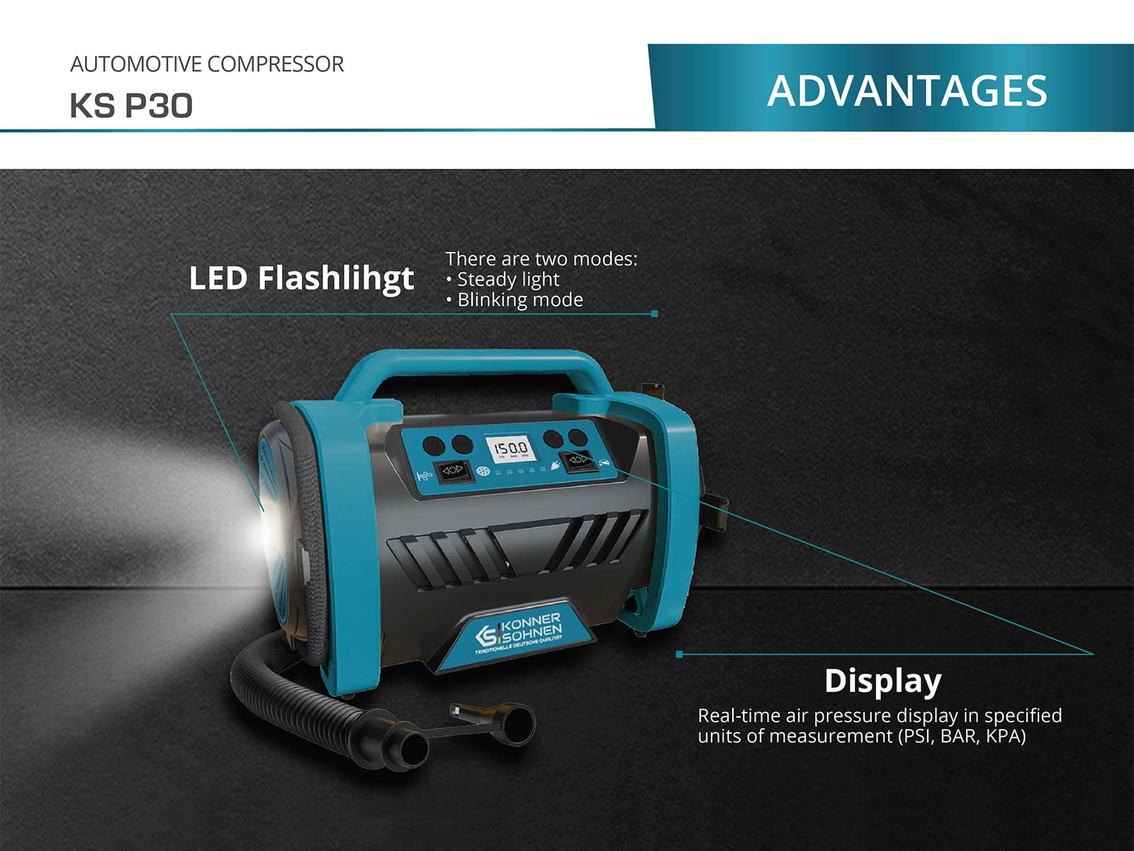 An automotive compressor with a blue and black design. It has a built-in LED flashlight and a display.