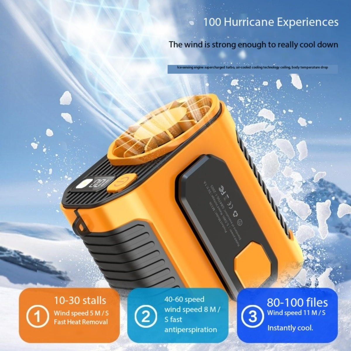 Orangefarbener und schwarzer tragbarer Kühler. Text: '100 Hurricane Experiences'. Zeigt Windgeschwindigkeit und Kühlfunktionen.