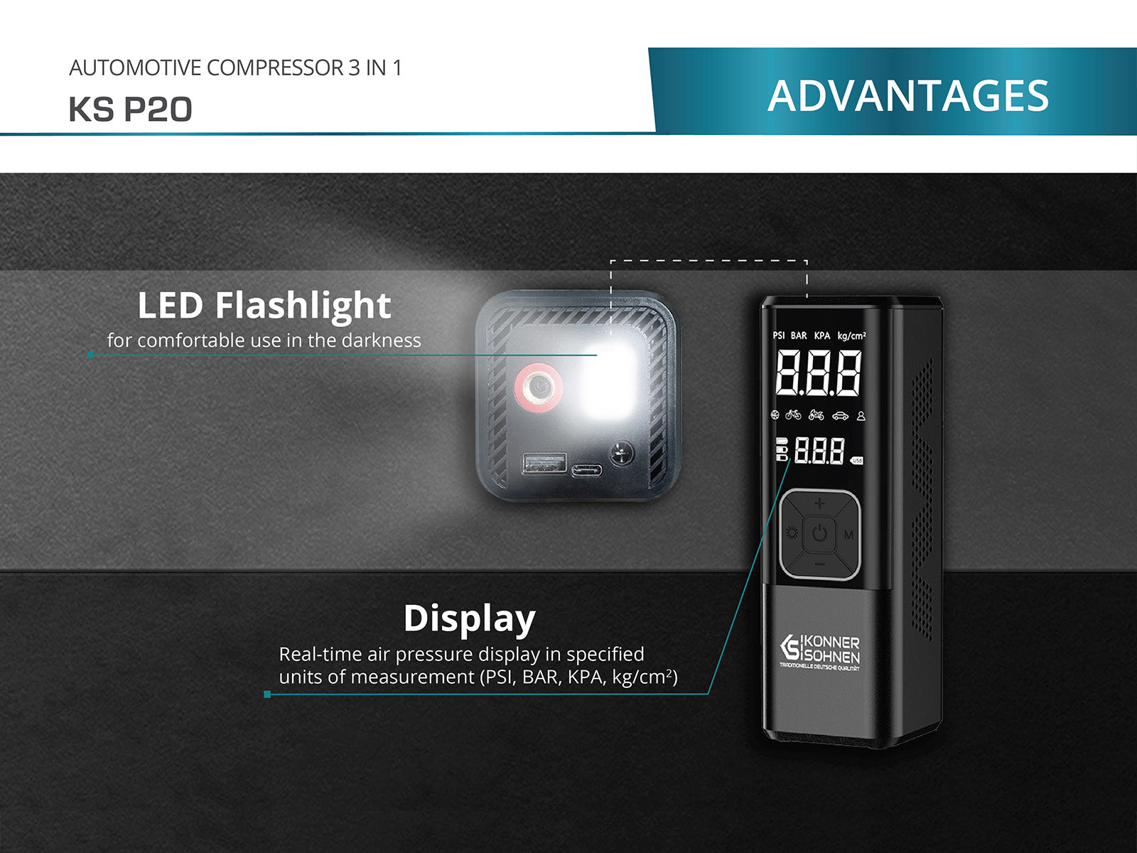 Automotive compressor en digitaal display. LED-zaklamp inbegrepen. Realtime drukweergave.