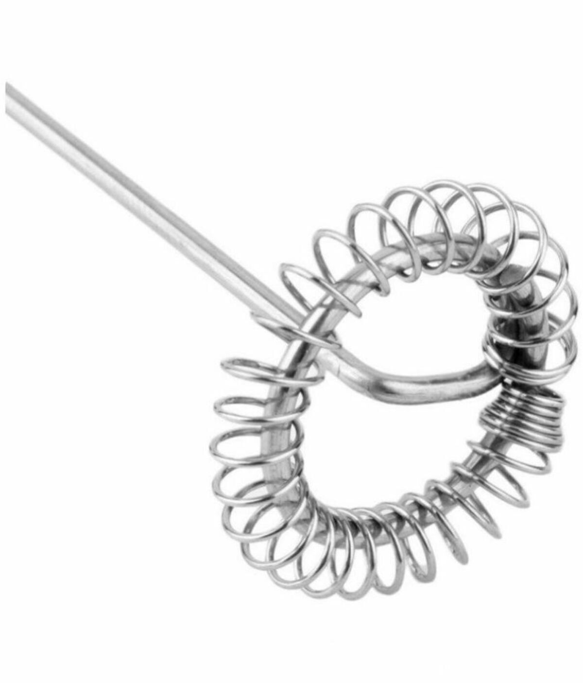 Nahaufnahme eines silbernen Milchaufschäumers mit spiralförmigem Schneebesenkopf.
