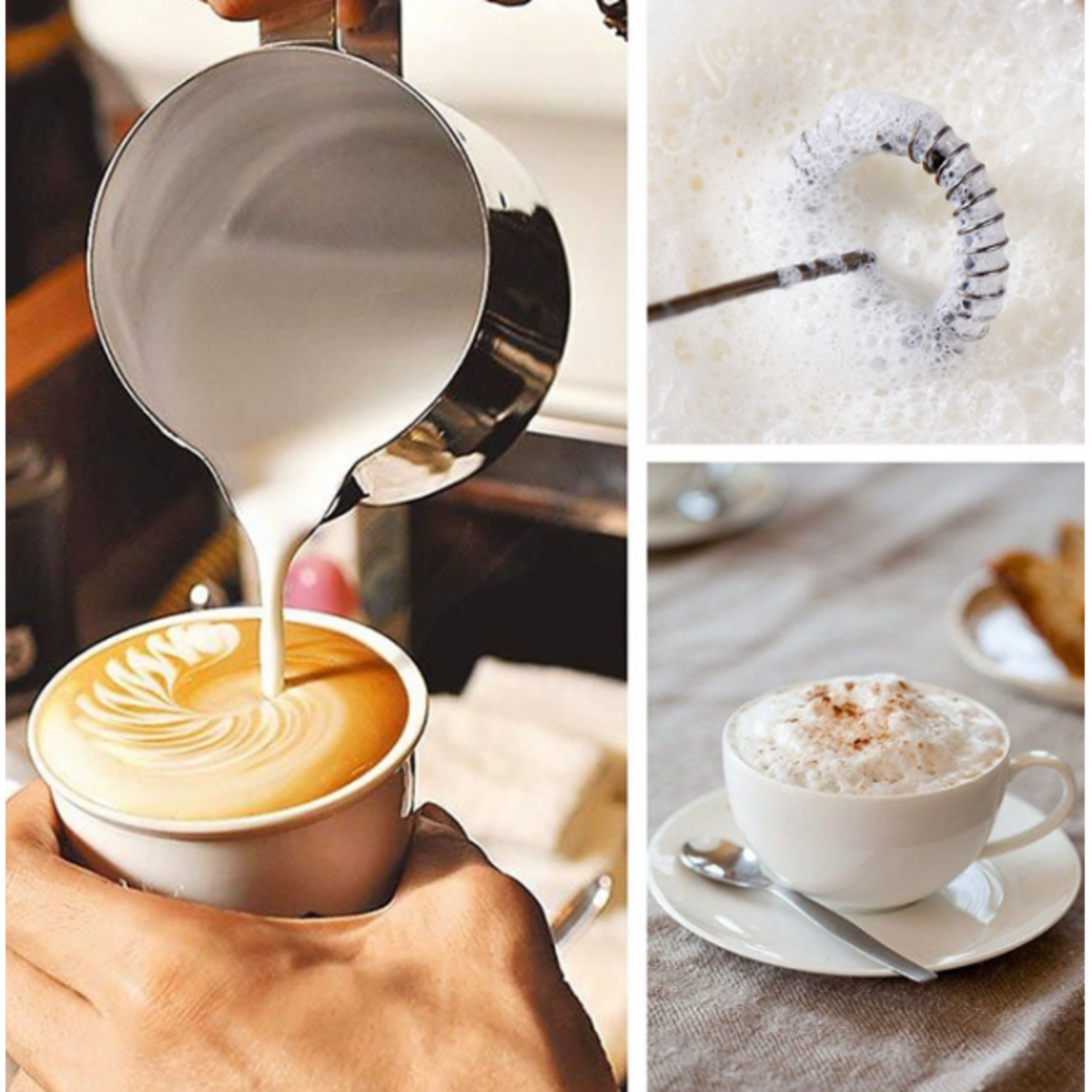 Kaffeezubereitung: Milchgießen, Milchaufschäumer und eine Tasse Cappuccino mit Löffel.