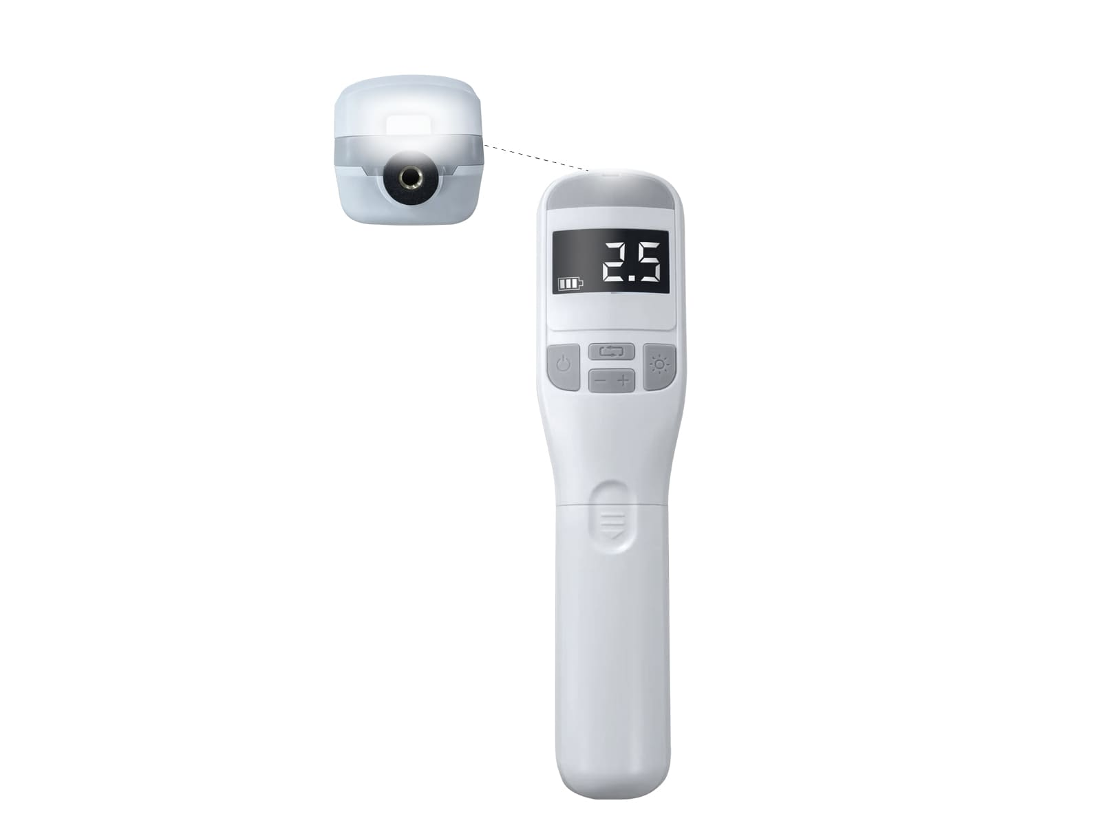 Een witte afstandsbediening met een apart accessoire.