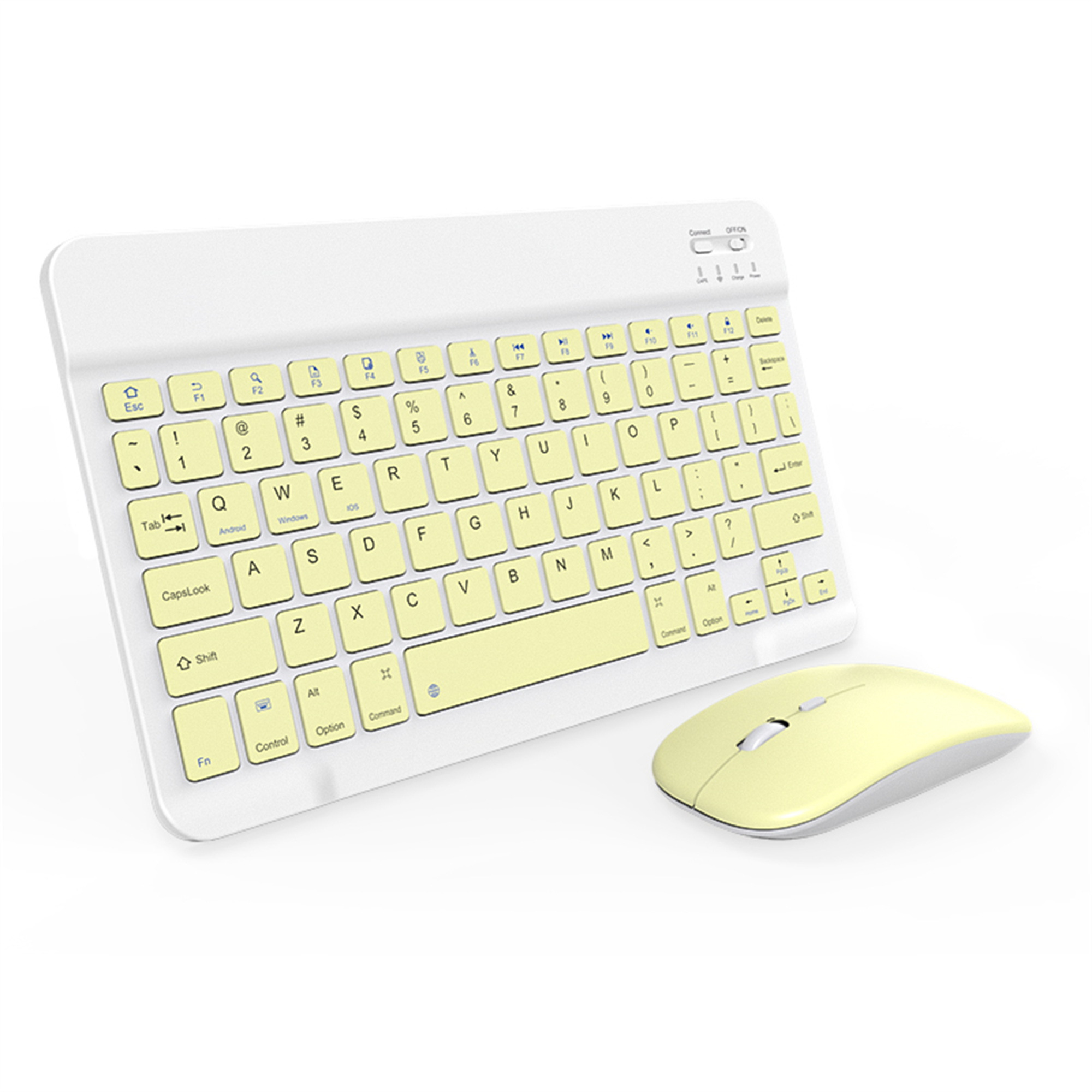 Weißes drahtloses Tastatur- und Maus-Set. Die Tastatur hat gelbe Tasten, die Maus ist ebenfalls gelb.