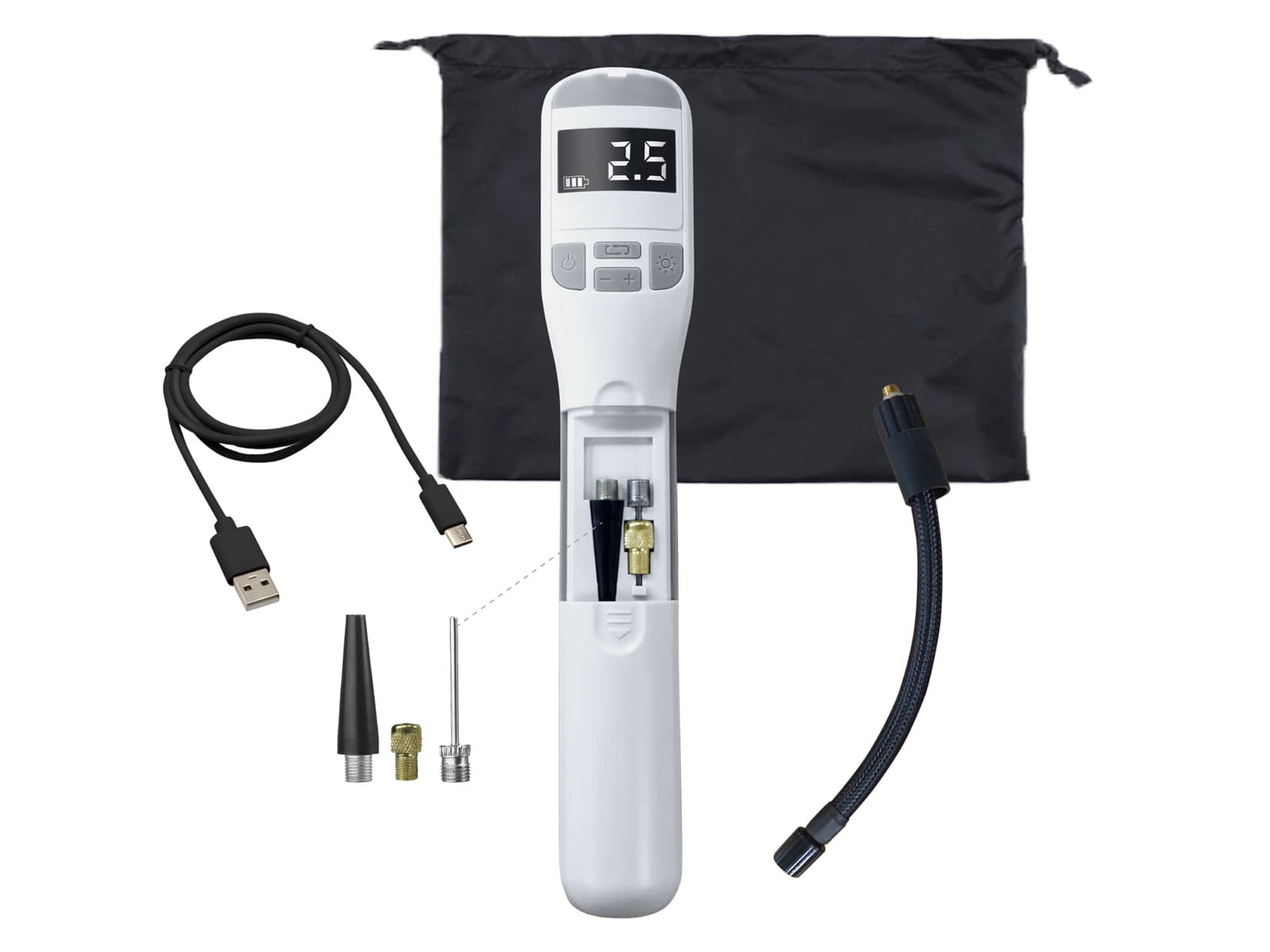 Witte draagbare luchtpomp met accessoires. Zwarte tas en USB-kabel.