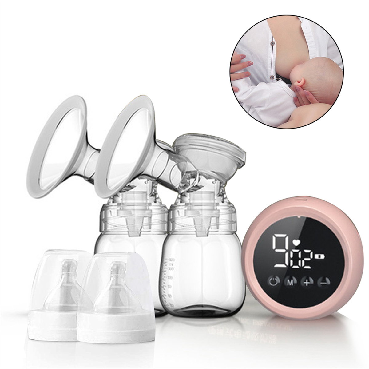 Brustpumpe, Flaschen, Sauger und ein rosa Timer. Eine Frau stillt im Inset.