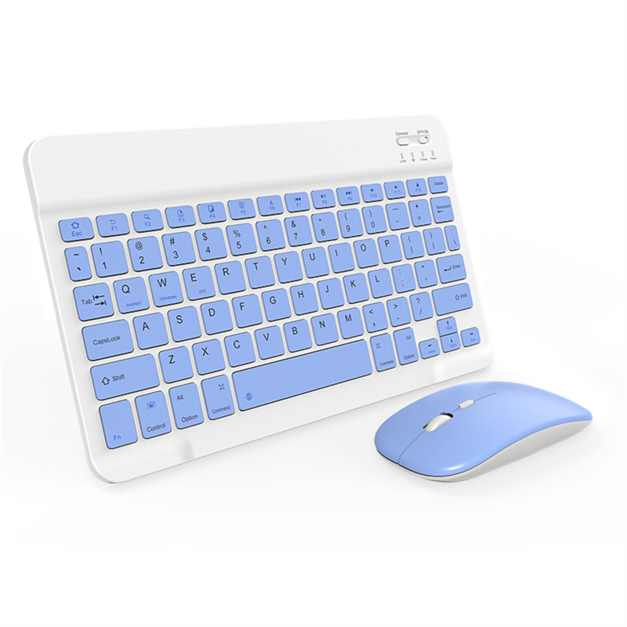 Weiße Tastatur und blaue Maus. Tastatur hat blaue Tasten und einen weißen Rahmen. Maus ist blau.