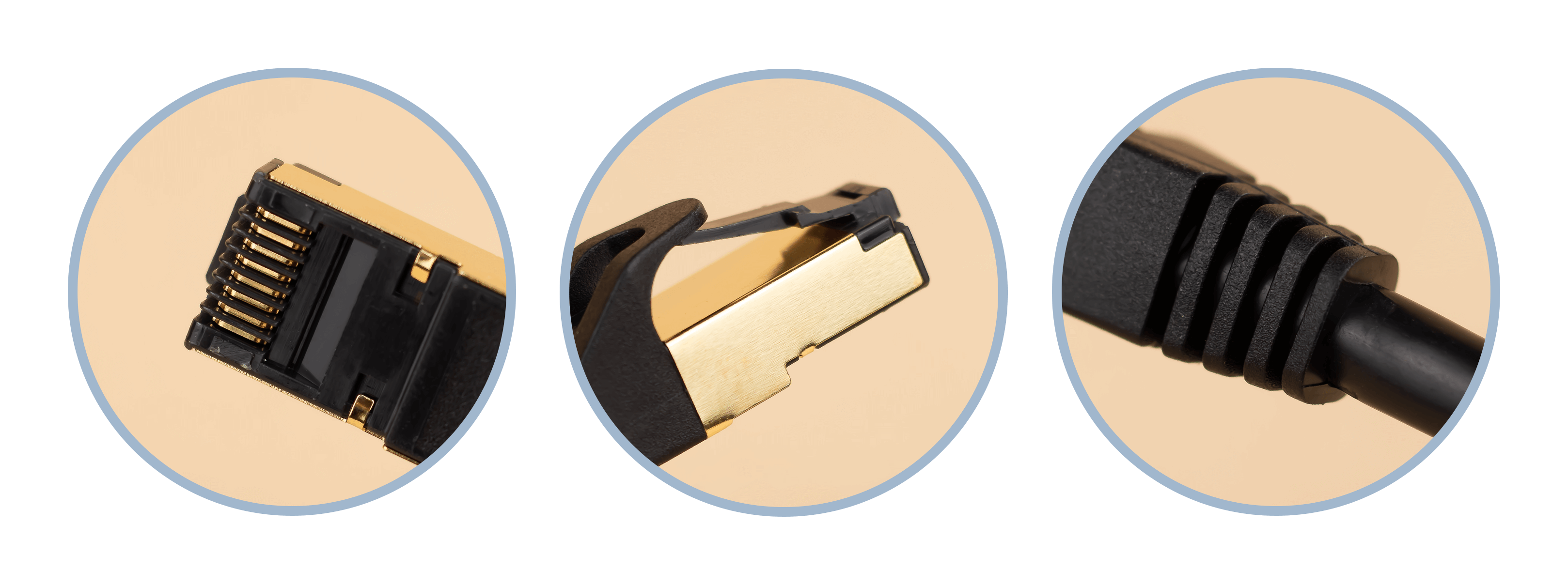 Trzy zbliżenia złącza kabla Ethernet. Widoczne są kolory czarny i złoty.