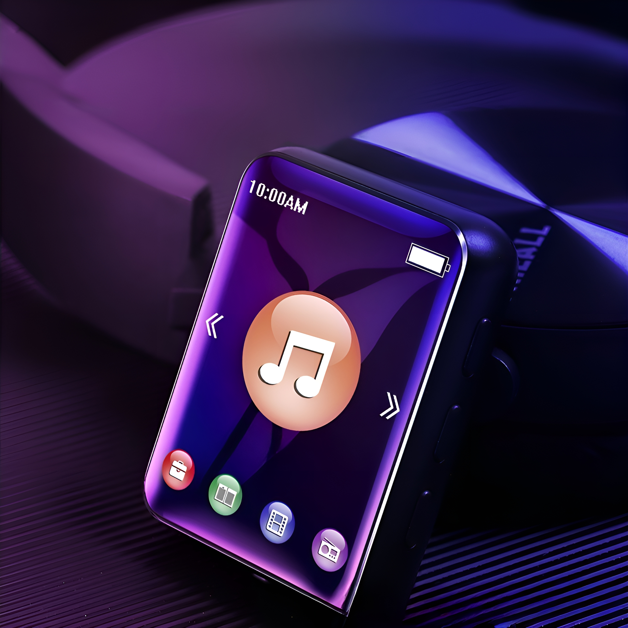 MP3-Player mit Musikoberfläche. Schwarz mit lila und blauem Farbverlauf, weiße Symbole.
