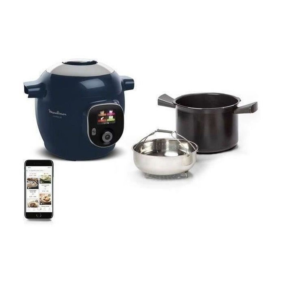 Cuiseur Moulinex bleu avec deux casseroles noires et un smartphone. Le téléphone affiche une interface d'application alimentaire.