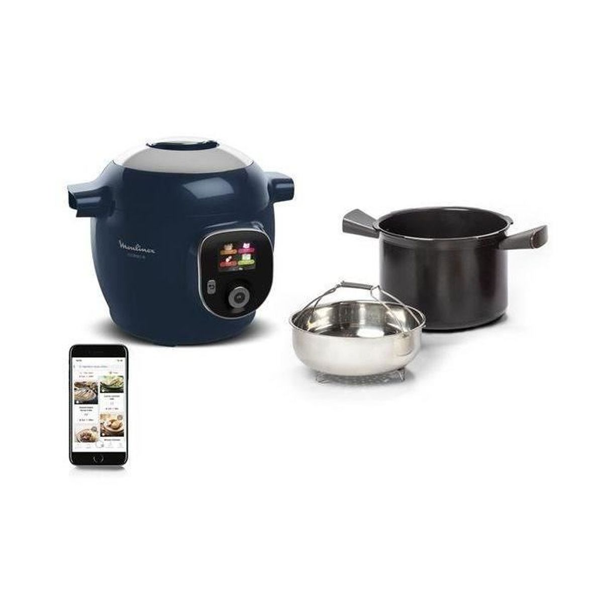 Multicuiseur bleu, deux casseroles et un smartphone affichant une application de recettes.