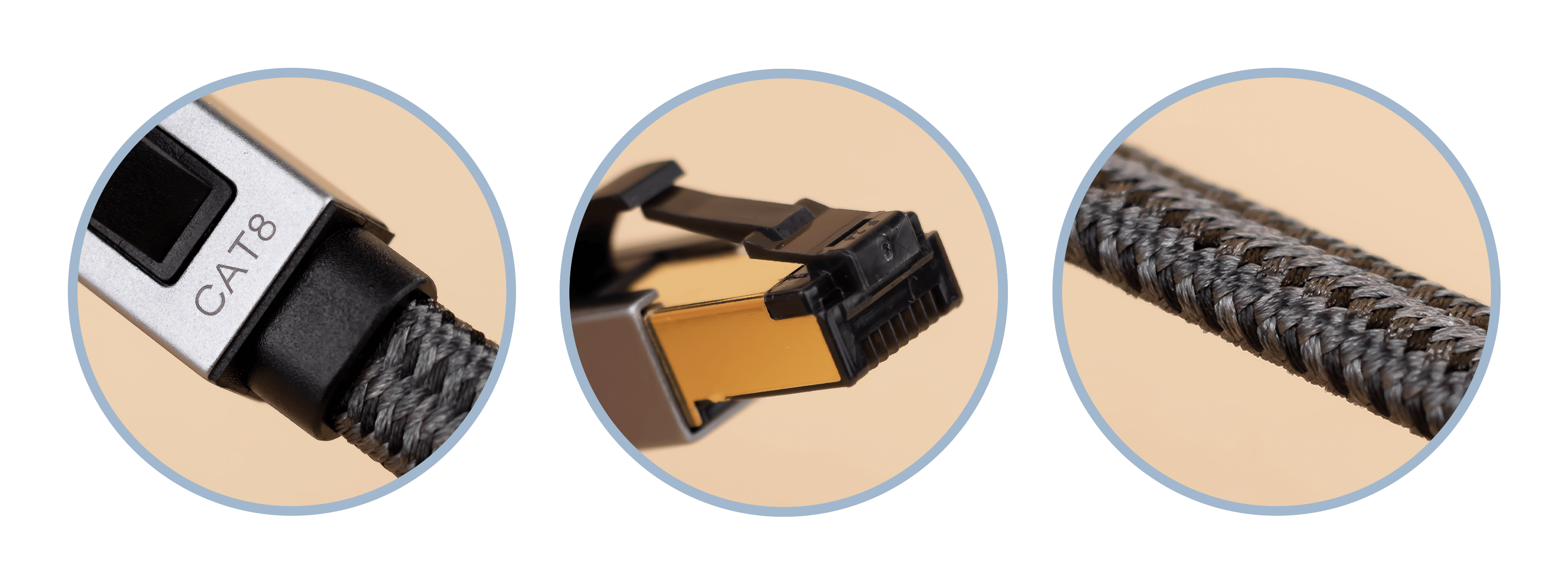 Trzy zbliżenia kabla sieciowego i złącza.