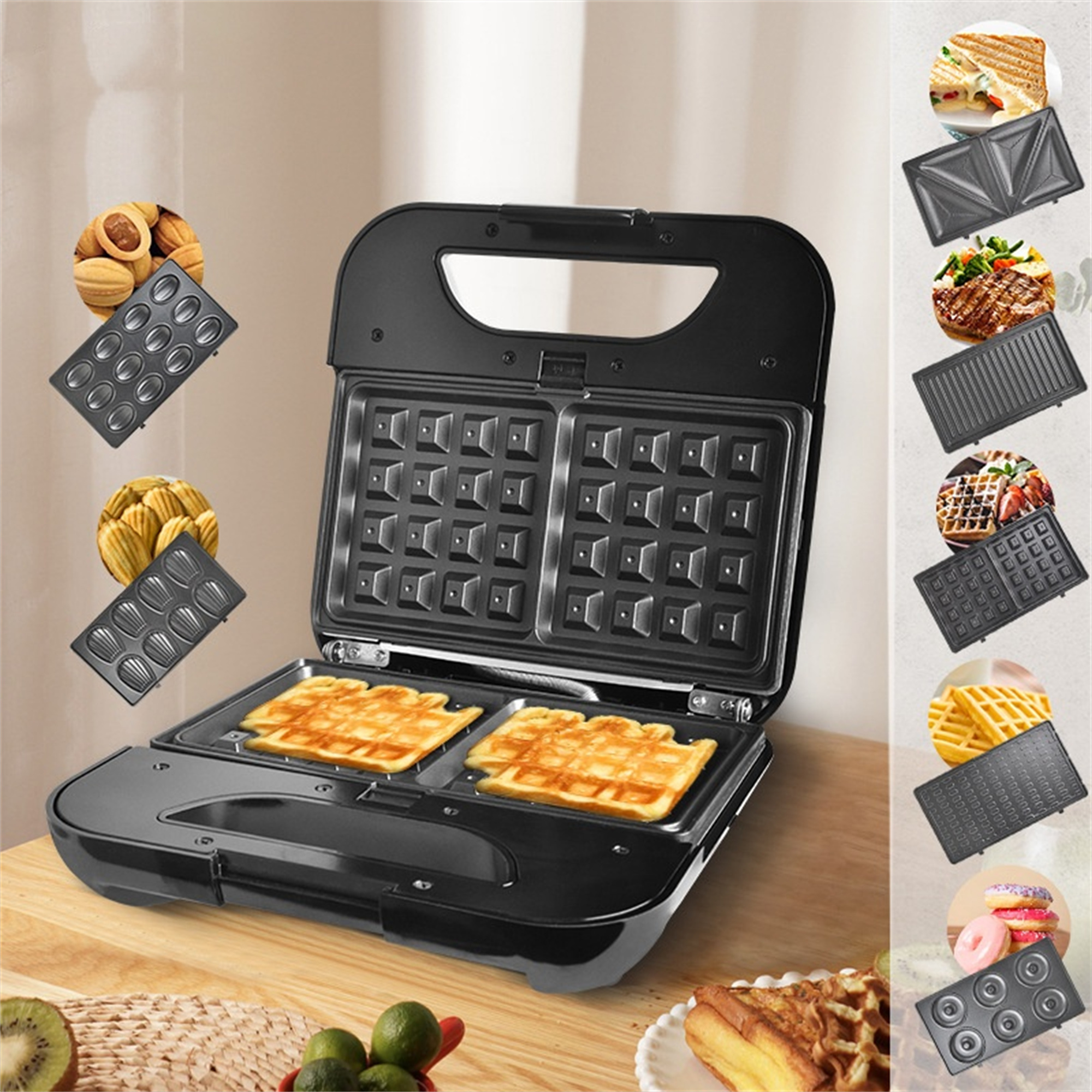 Waffeleisen geöffnet mit Waffeln, mit verschiedenen austauschbaren Platten und Waffeln.