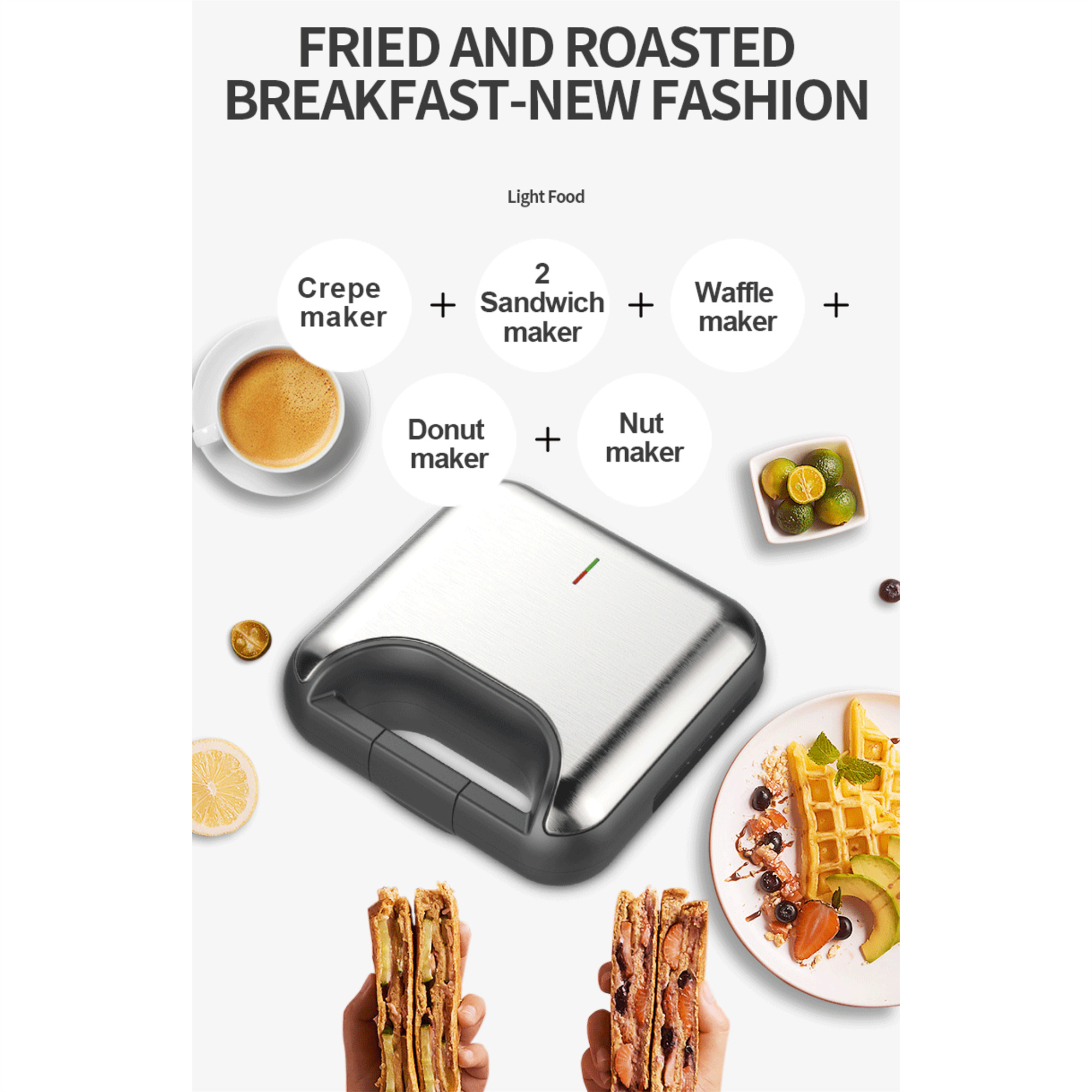 Eine Frühstücksmaschine mit Optionen für Crêpes, Sandwiches, Waffeln, Donuts und Nussmacher.