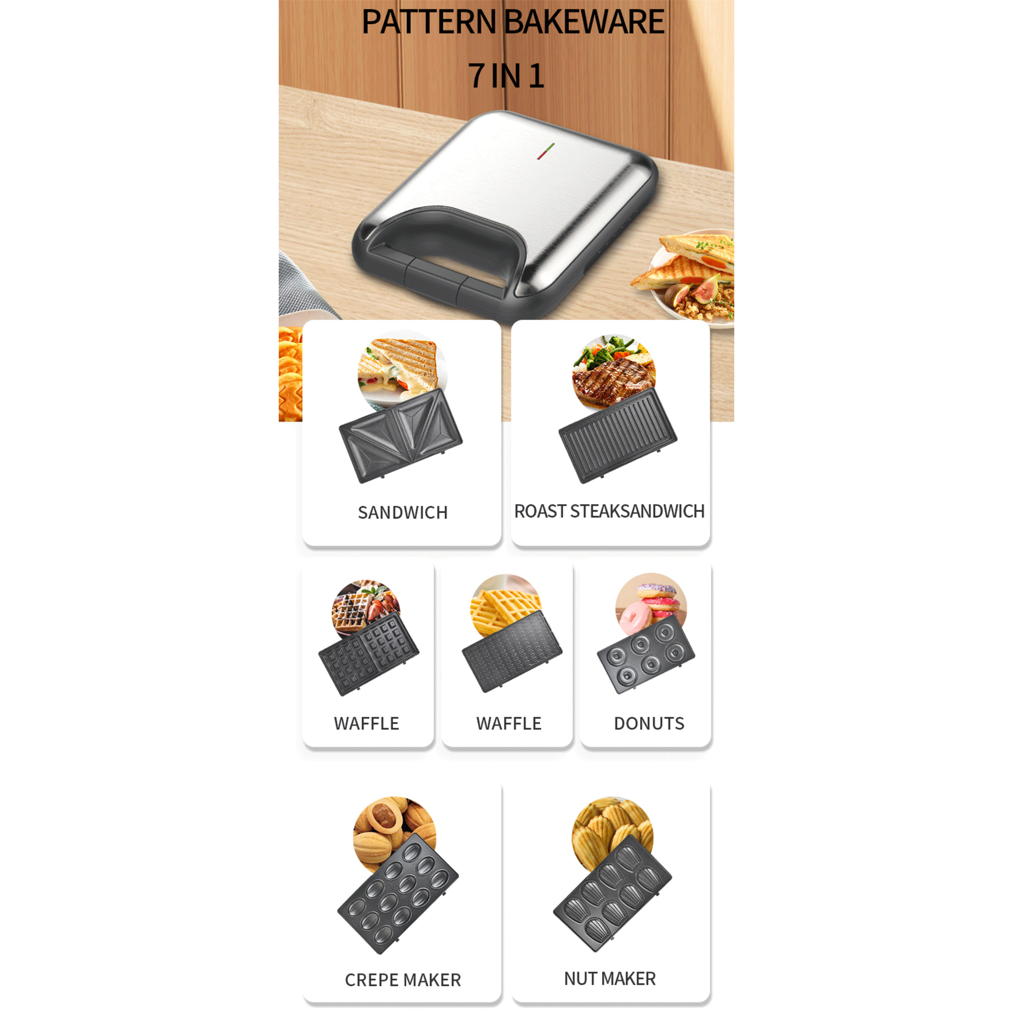 Backwaren mit sieben verschiedenen Kochoptionen, einschließlich Sandwichmaker und Waffeleisen.