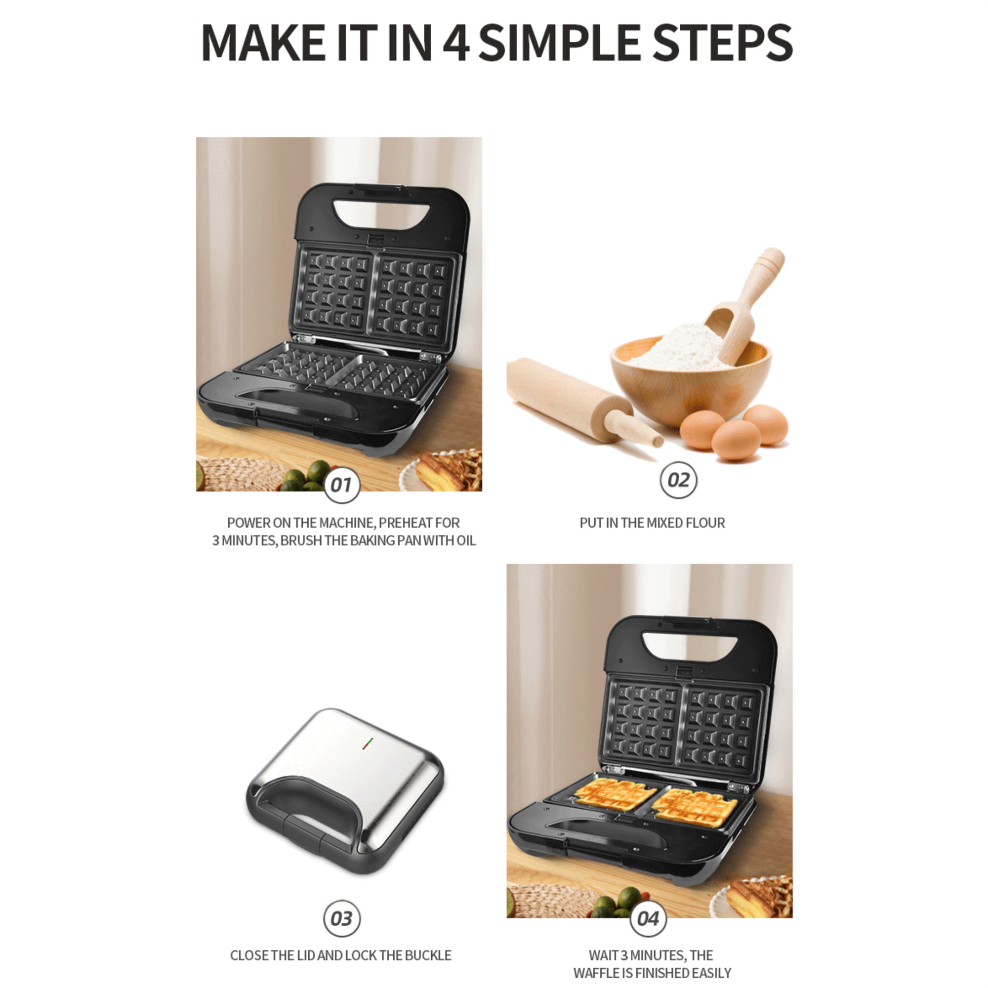 Schritt-für-Schritt-Anleitung zur Herstellung von Waffeln, zeigt ein Waffeleisen, Zutaten und das fertige Produkt.