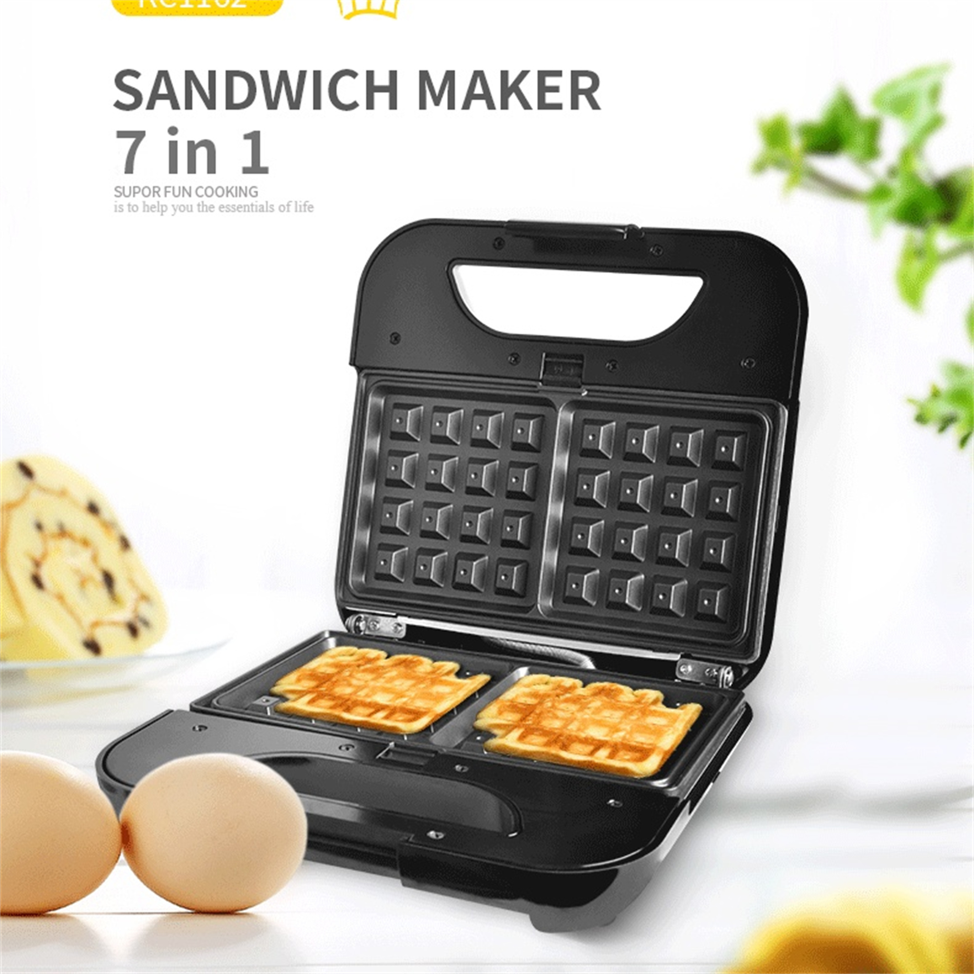 Ein Sandwichmaker mit Waffeln darin und Eiern daneben, Text sagt Sandwichmaker 7 in 1.