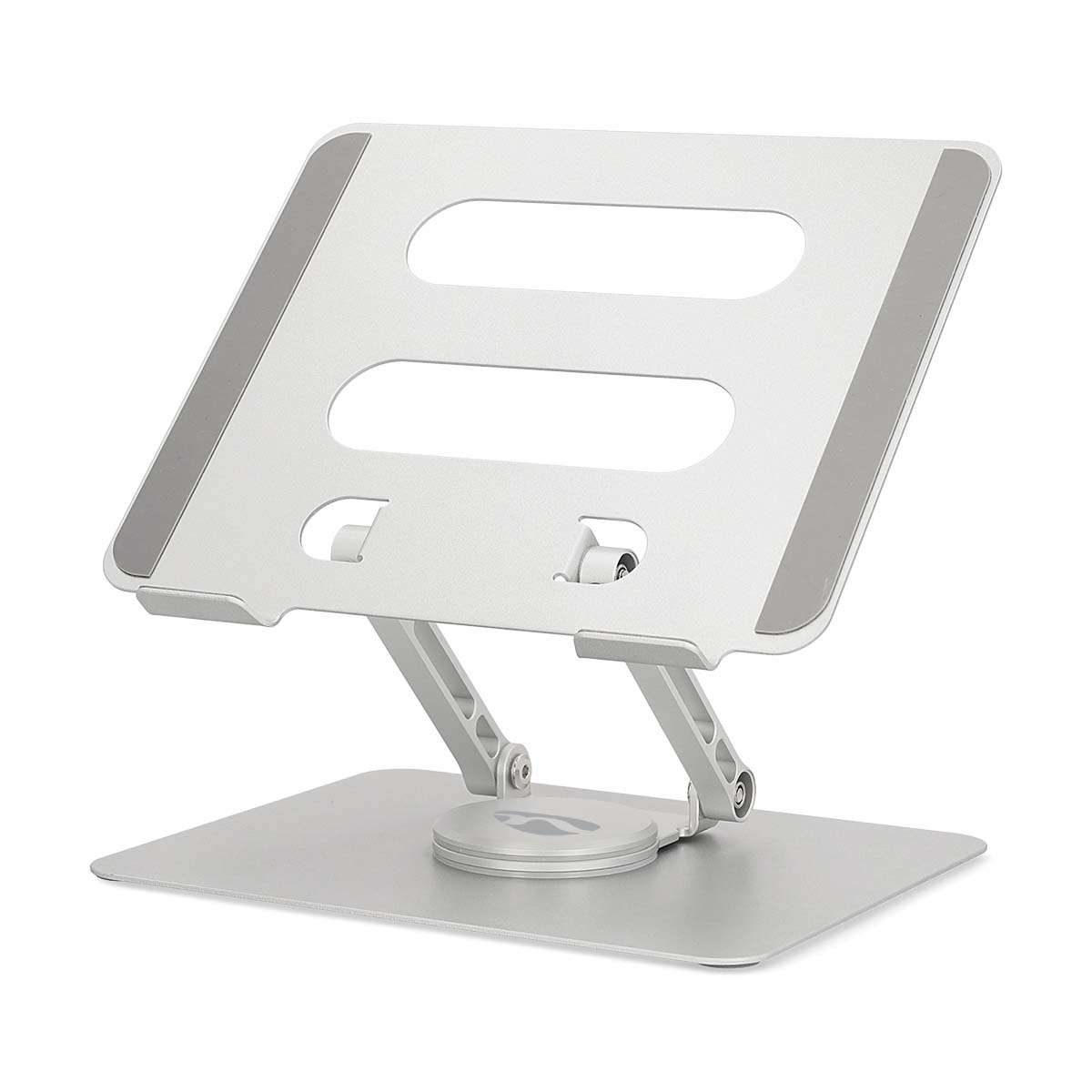 Silberner Laptopständer, angewinkelt, mit zwei grauen Pads.