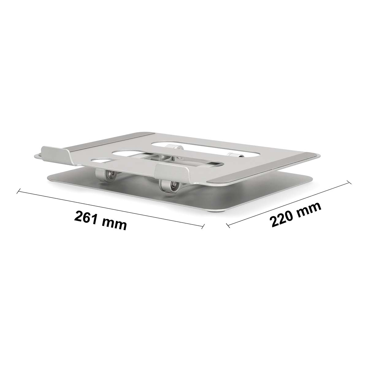 Silberner Laptopständer, geöffnet, mit Maßen: 261 mm x 220 mm, weißer Hintergrund.