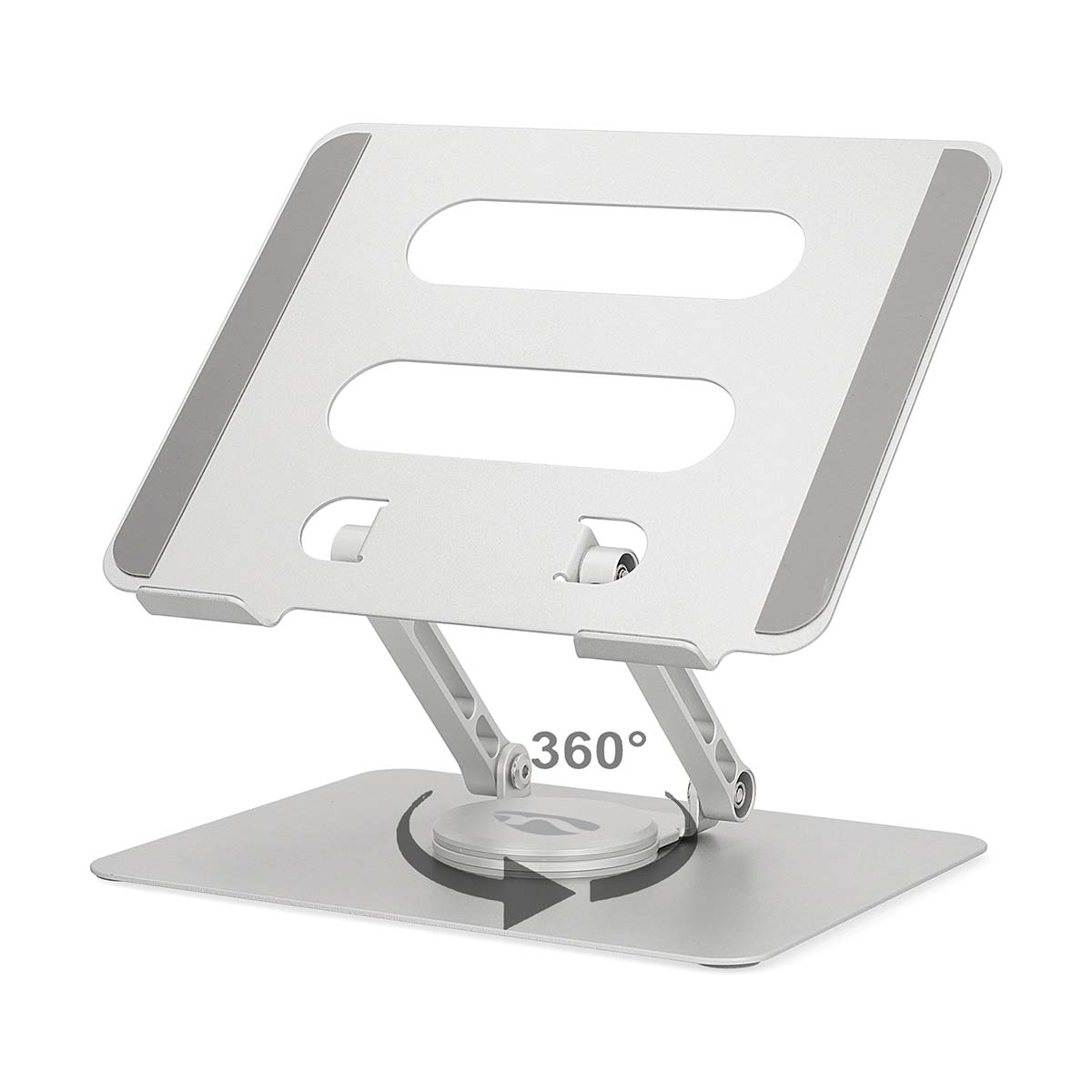 Silberner Laptopständer mit verstellbaren Scharnieren und einem um 360 Grad drehbaren Sockel. Weißer Hintergrund.