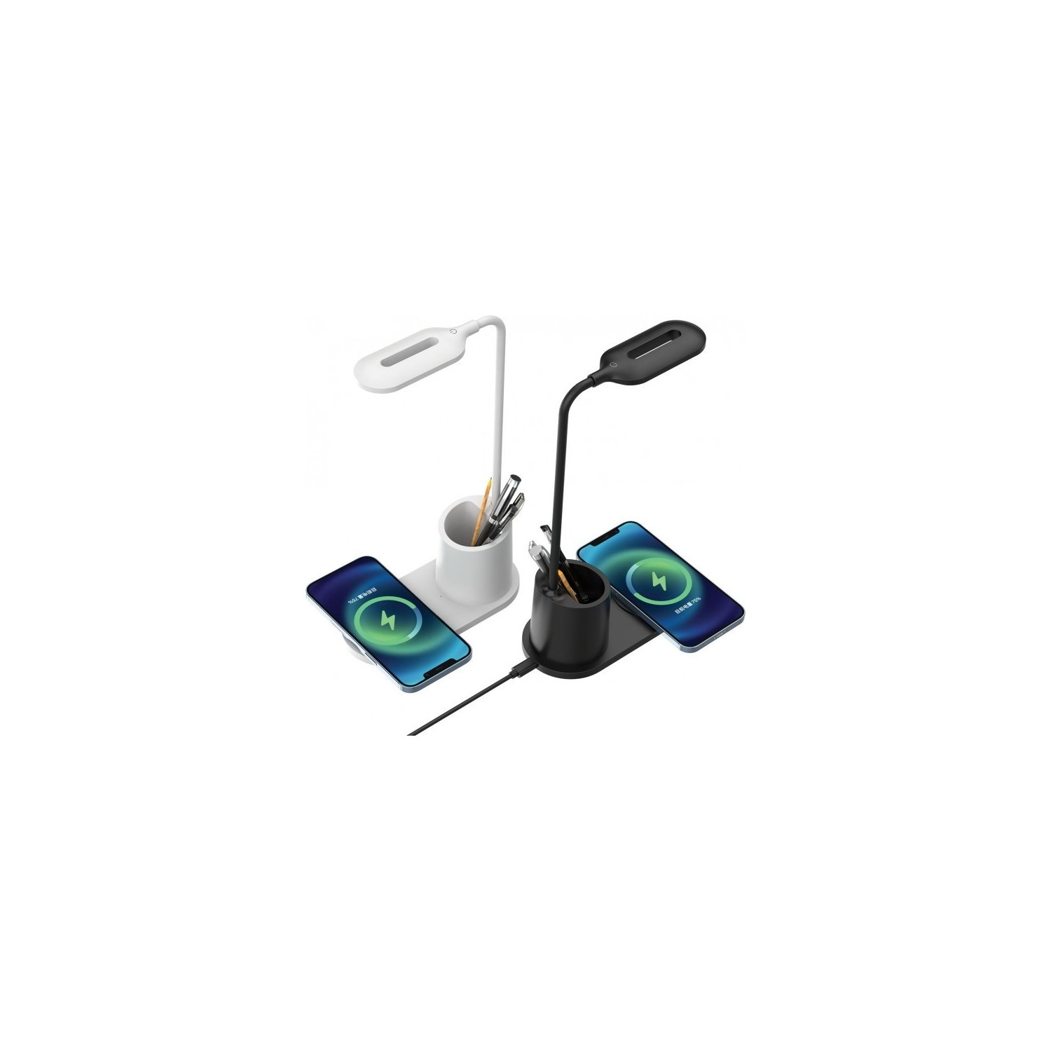 Zwei Schreibtischlampen mit Stifthaltern und Telefonen, eine schwarz und eine weiß, auf weißem Hintergrund.