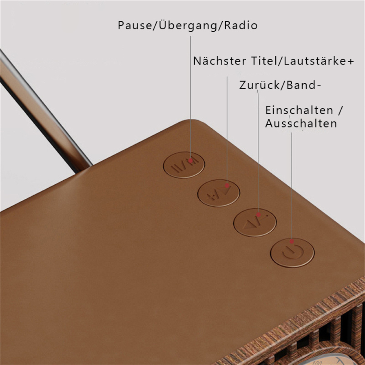 Nahaufnahme eines braunen Radios mit weiß beschrifteten Knöpfen, einschließlich Ein/Aus und Lautstärke.
