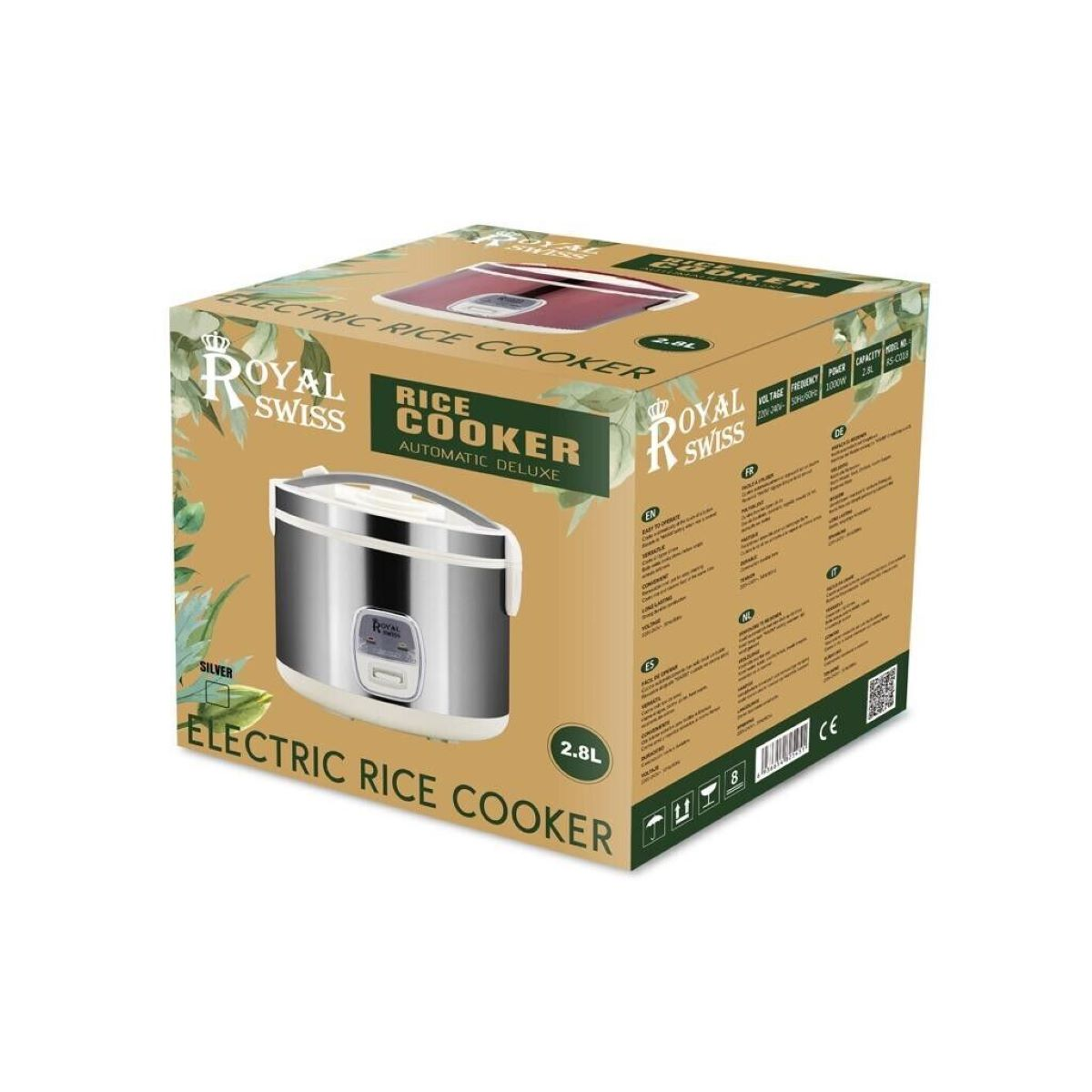 Karton mit silbernem Reiskocher-Design. Text: 'Electric Rice Cooker' und 'Royal Swiss' auf hellem Hintergrund.