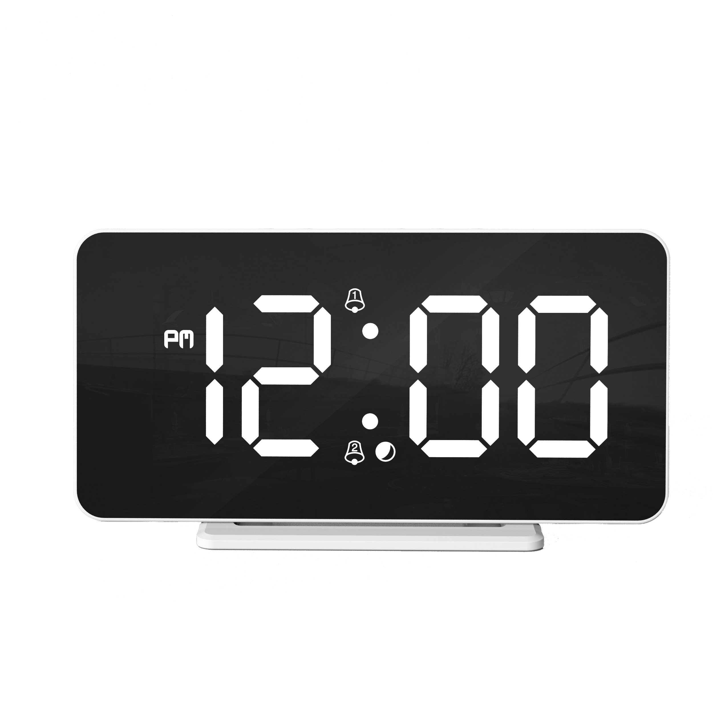 Digital alarm clock displaying 12:00 PM, white frame, black screen.