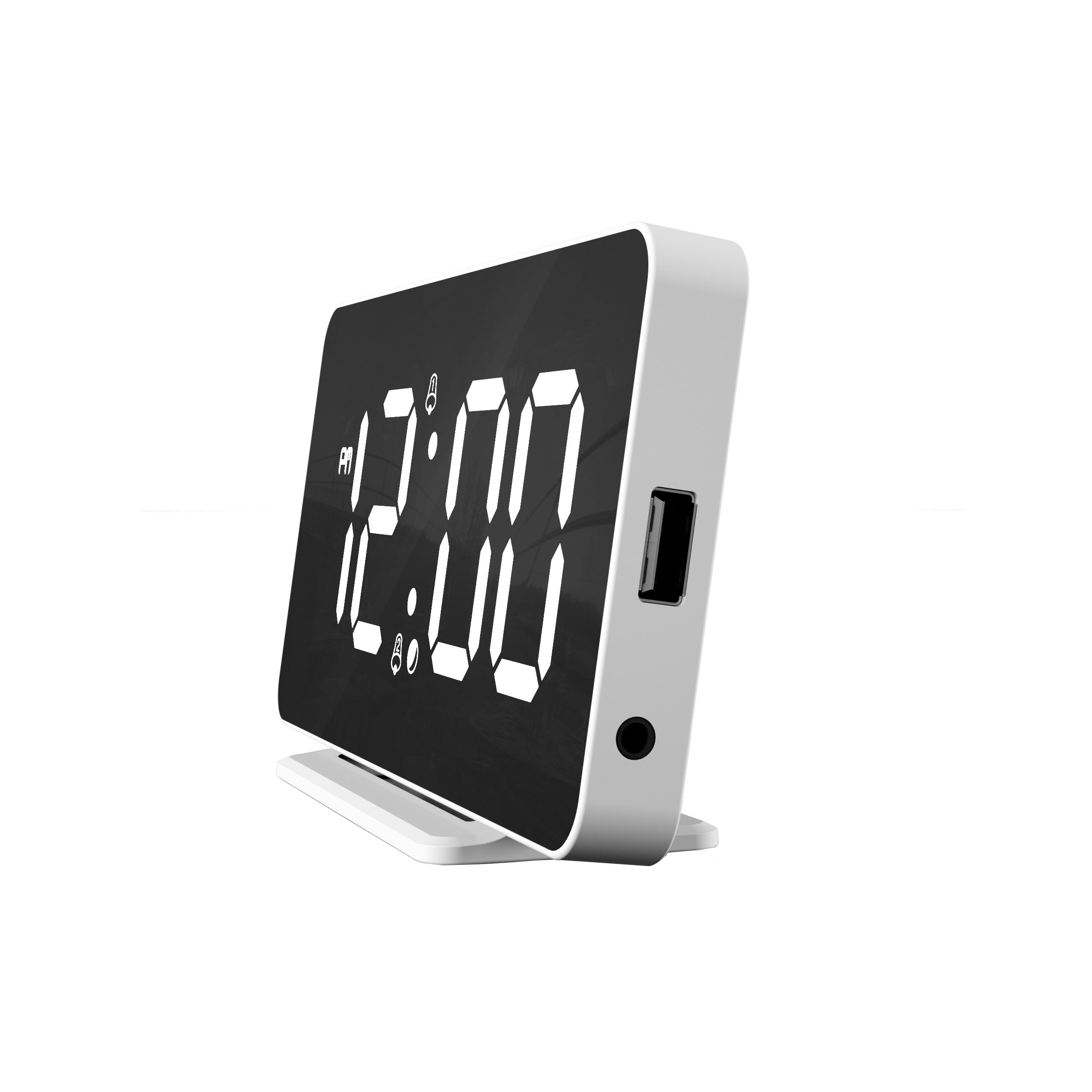 Digital clock showing 12:00. It has a white frame and a black display, with a USB port and a small jack.