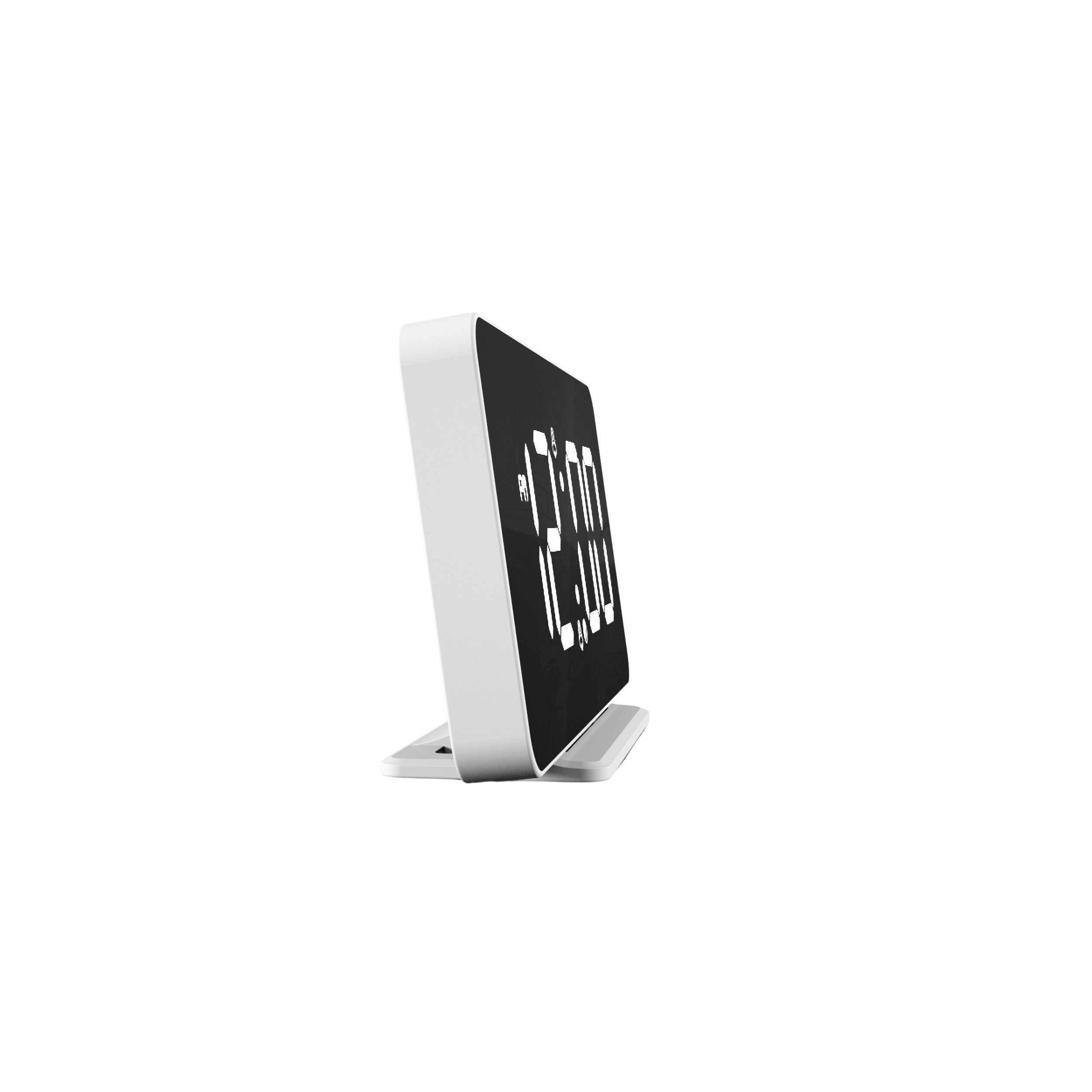 A white digital clock shows time, angled on a white surface.