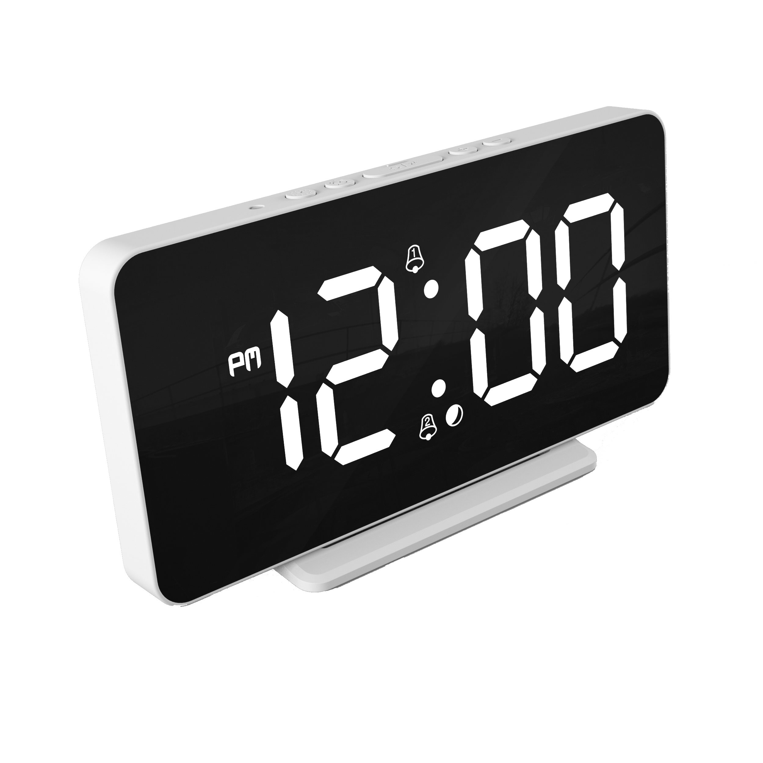 A white digital alarm clock displaying 12:00 PM. The display is a black screen with white digits.