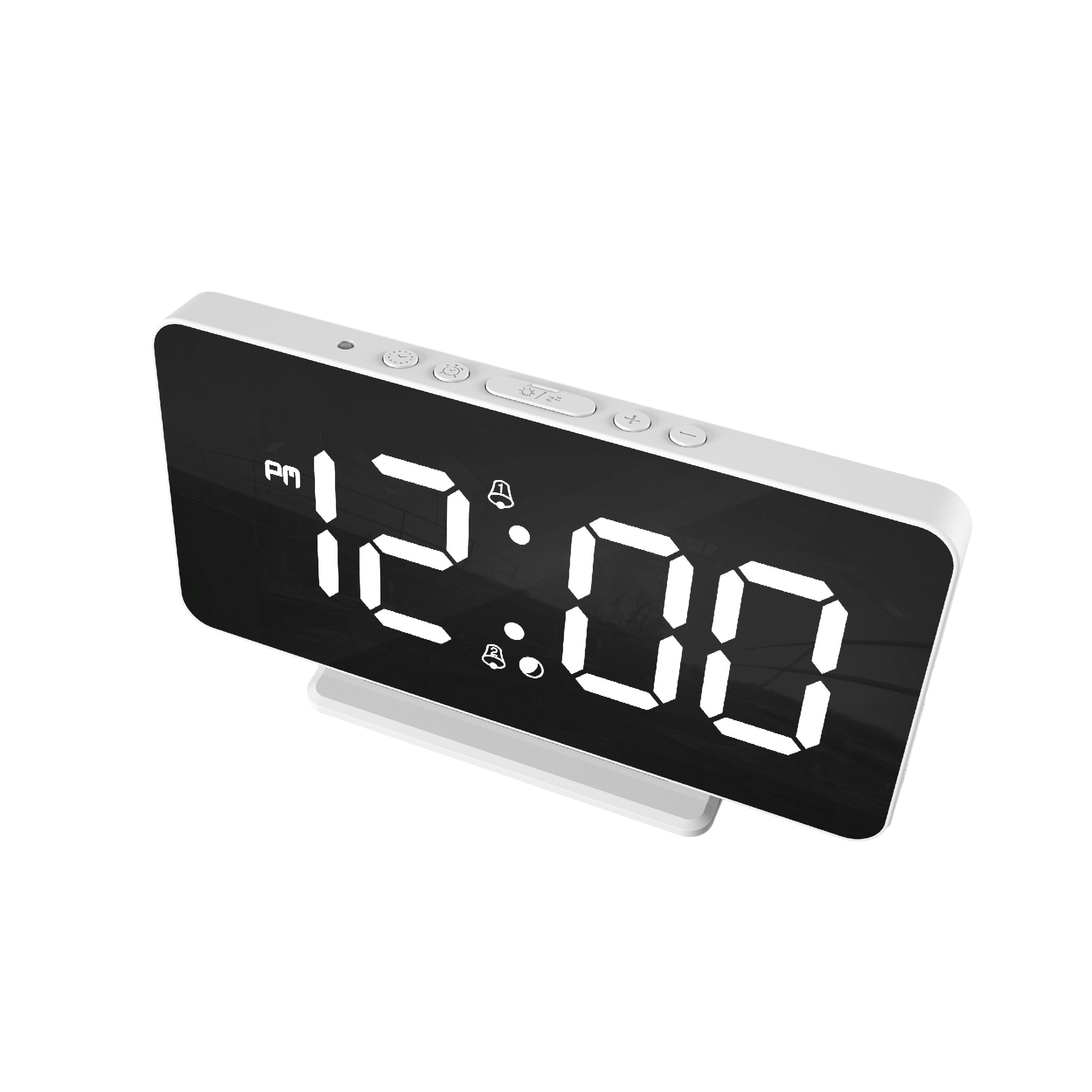 Digital alarm clock with white frame showing 12:00 AM. White background.
