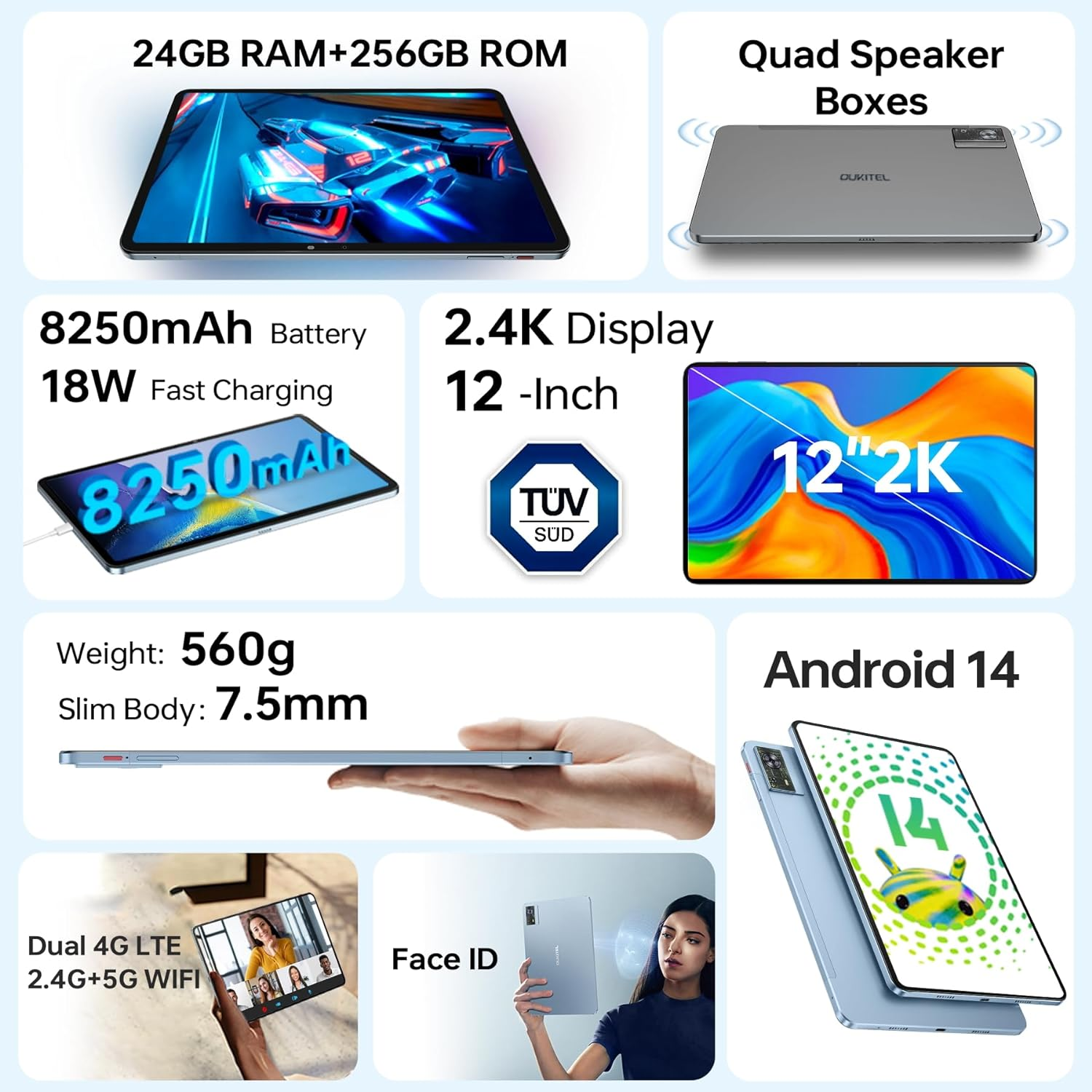 Ein Tablet mit Funktionen wie 24 GB RAM, 2,4K-Display und schlankem Gehäuse.