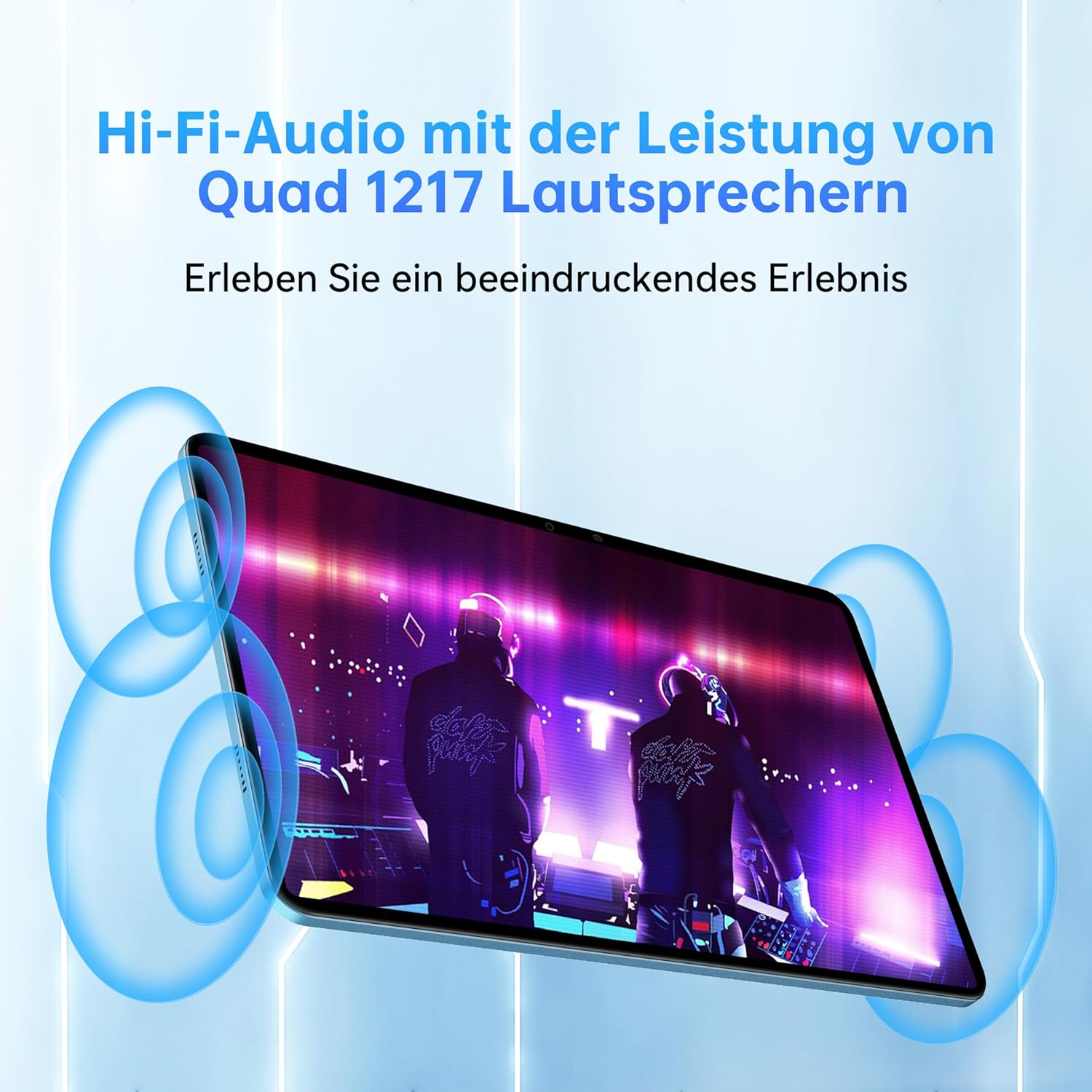 Ein Tablet zeigt ein Video von zwei Männern. Blaue Kreise schweben um das Tablet, mit Text.
