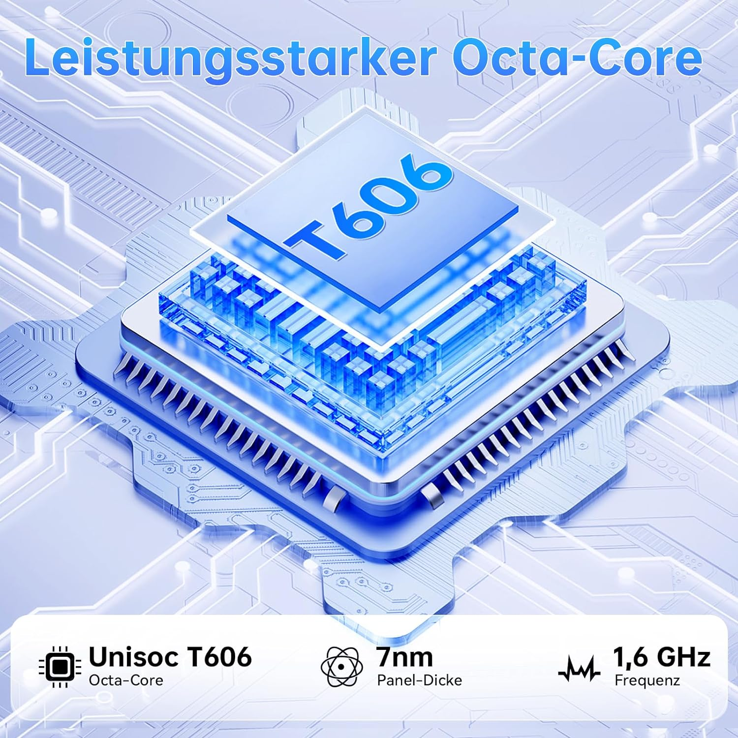 Nahaufnahme eines Prozessors mit Text und Grafiken.