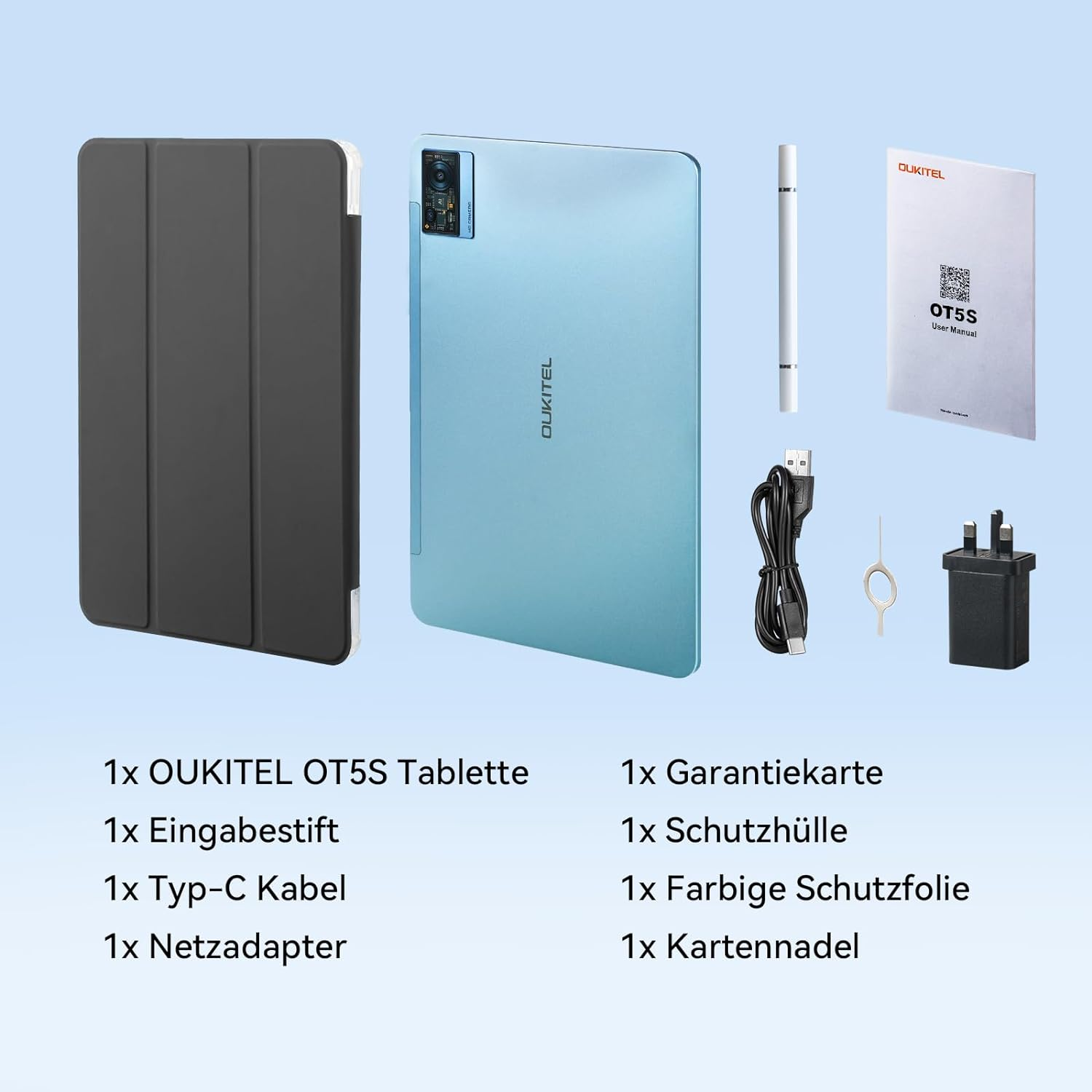 Tablet und Zubehör: Hülle, Stift, Kabel, Adapter und Werkzeug. Text beschriftet die Artikel.