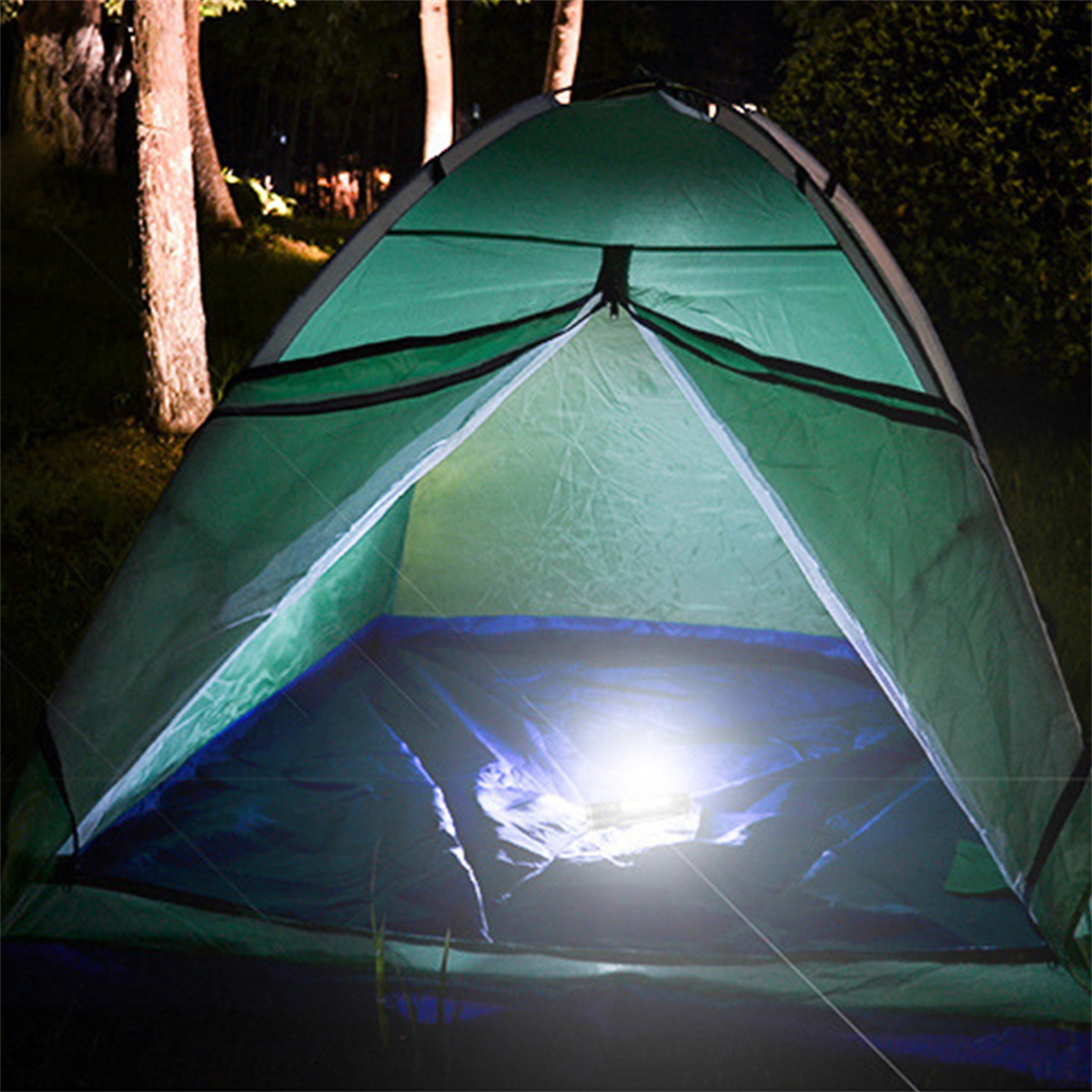 Ein grünes Zelt, von innen durch ein helles Licht beleuchtet. Bäume sind im Hintergrund bei Nacht sichtbar.