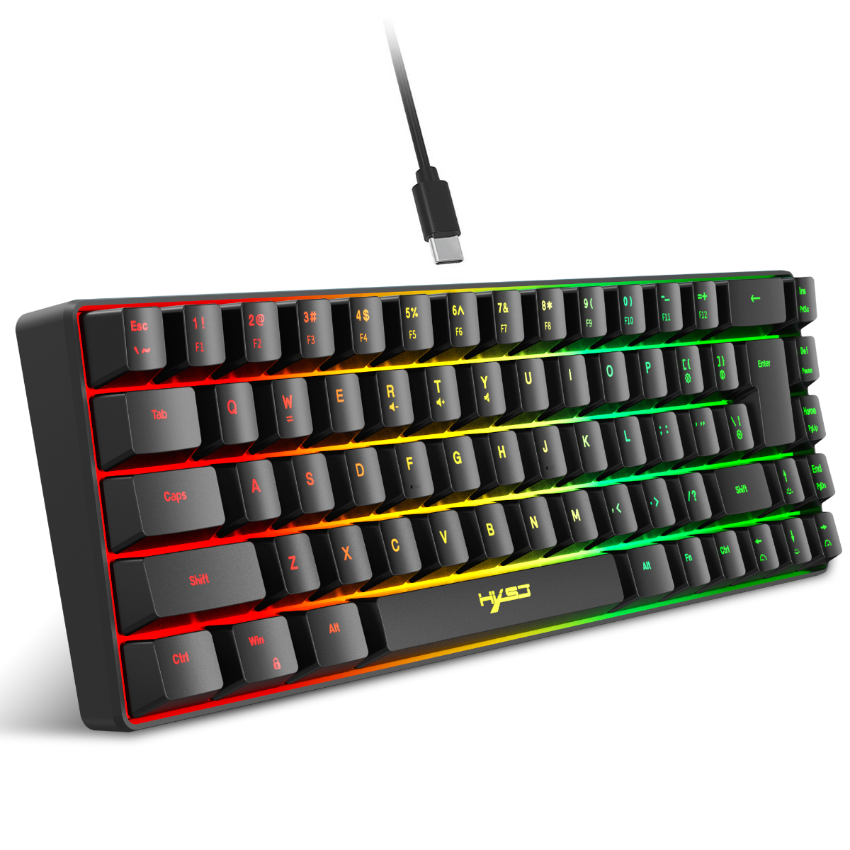 Schwarze, farbenfrohe Tastatur mit Hintergrundbeleuchtung und USB-Kabel. Es hat viele Tasten.