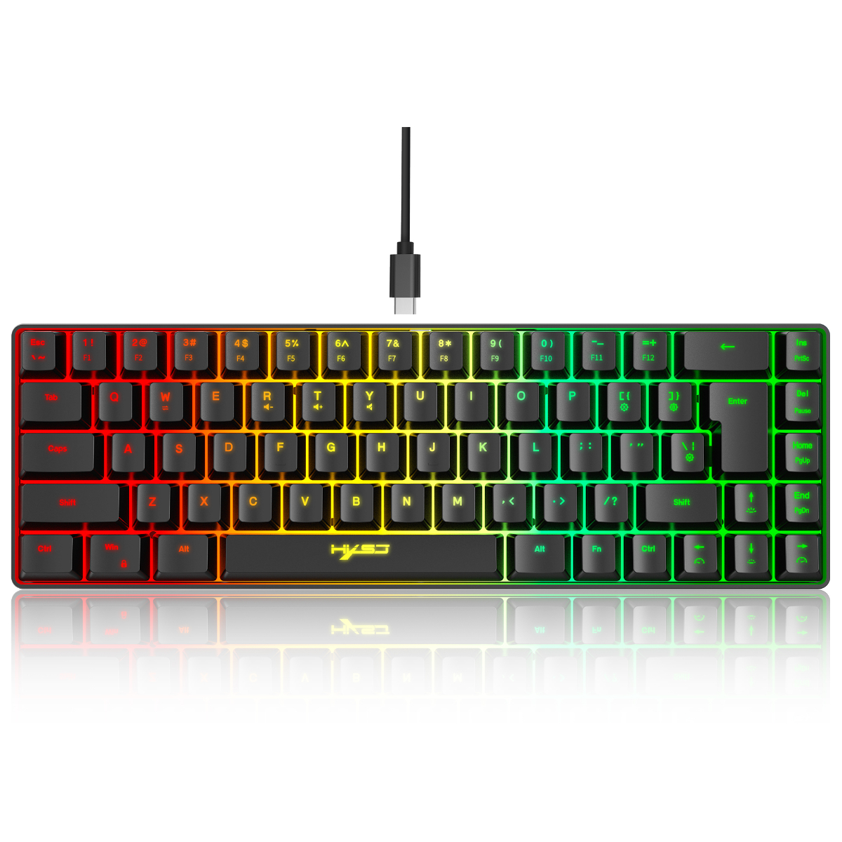Eine kompakte, hintergrundbeleuchtete mechanische Tastatur mit mehreren Farboptionen.