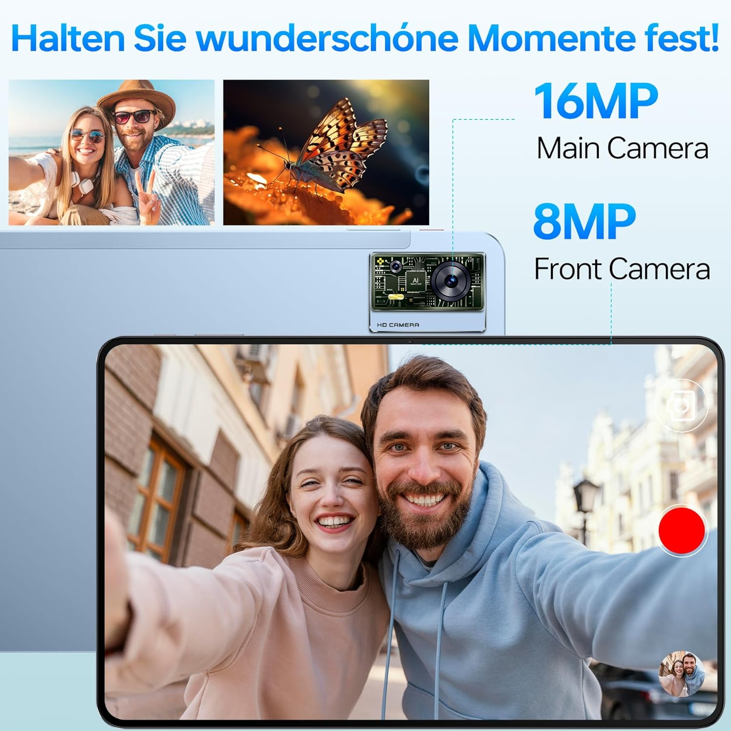Telefon mit Fotos und Text, Menschen machen Selfies.