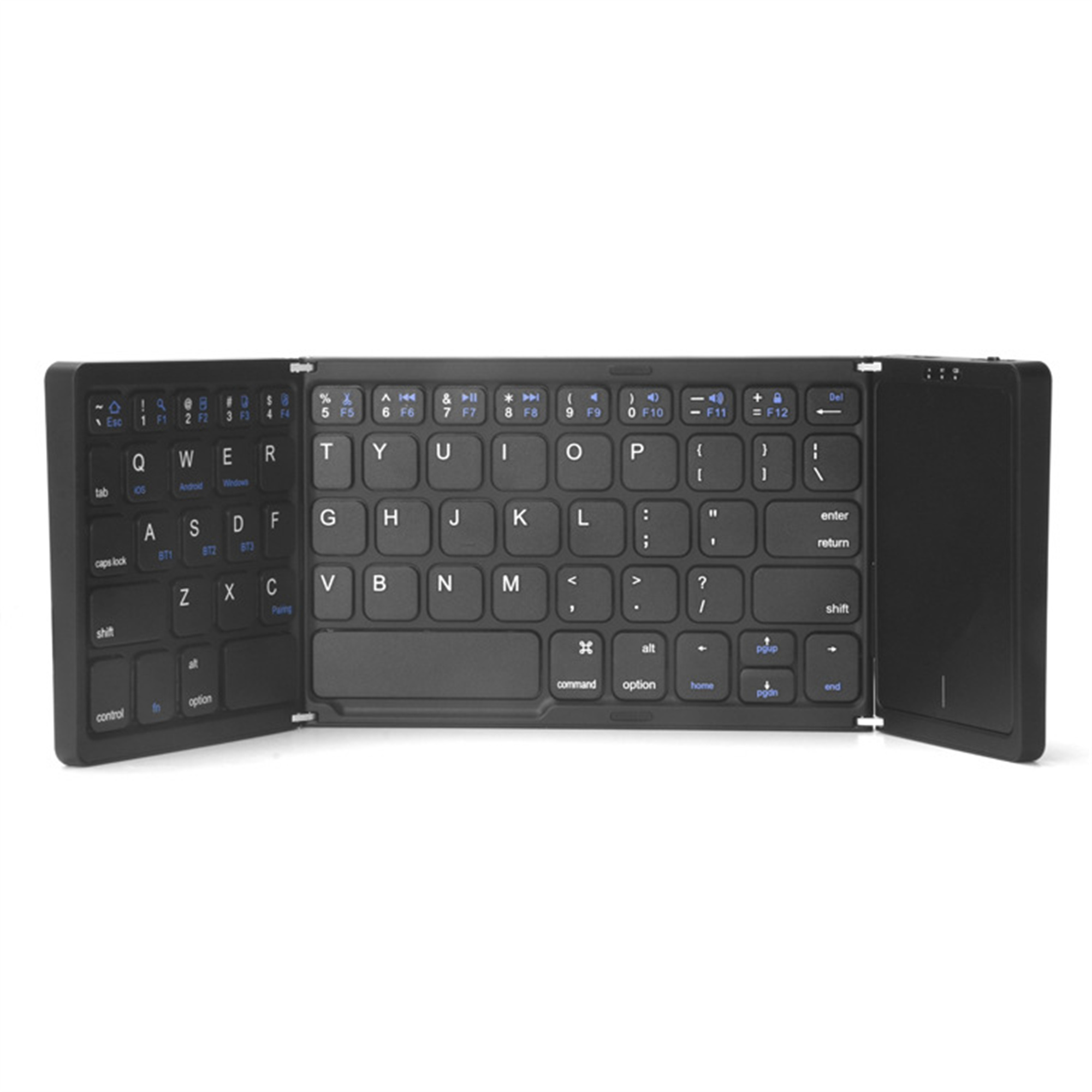 Eine schwarze, faltbare Tastatur, geöffnet und Tasten anzeigend, mit weißem Hintergrund.
